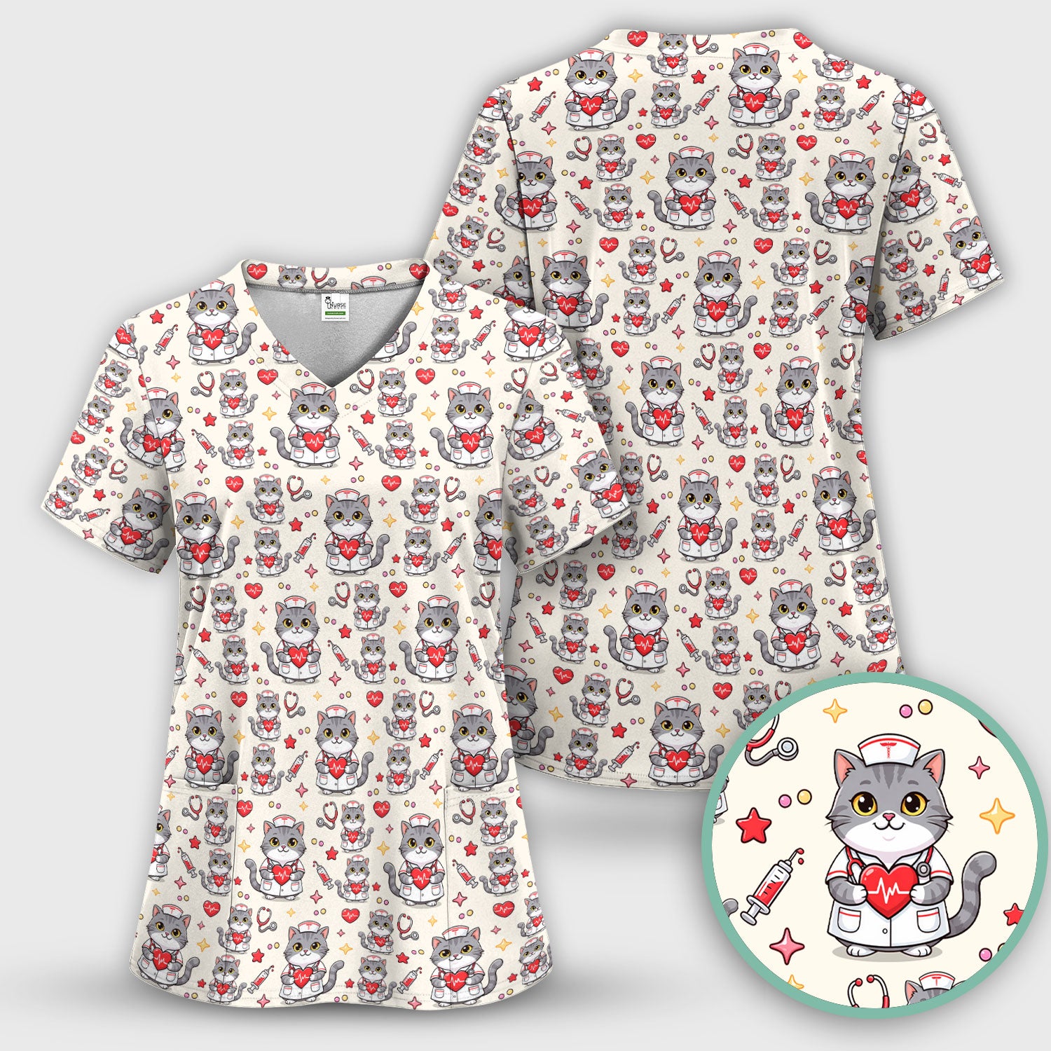 Cute Nurse Cat Heart Medical Print Scrub Top, Comfortable Scrubs for Nurses