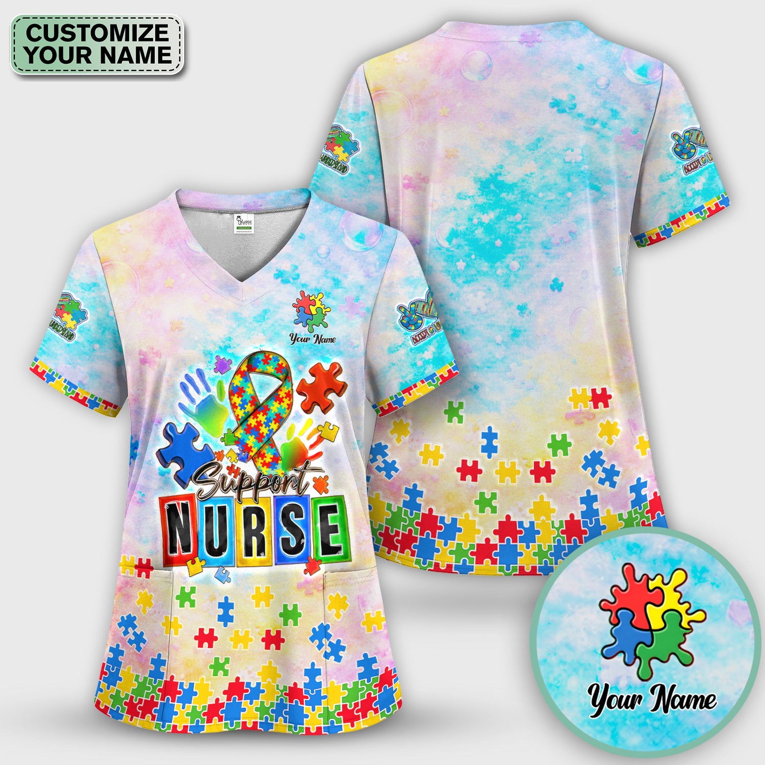 Personalized Inspirational Autism Awareness Nurse Puzzle Ribbon Pattern Scrub Top, Comfortable Scrubs For Nurses