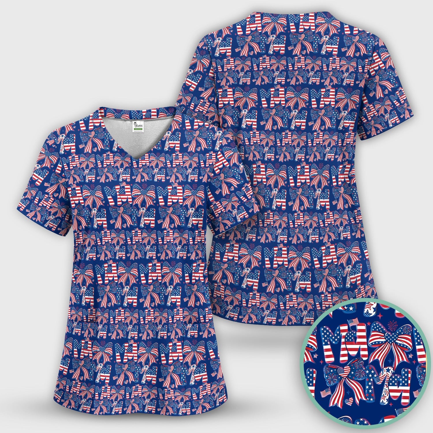 American Flag MaMa Bow Pattern Scrub Top, Comfortable Scrubs for Nurses