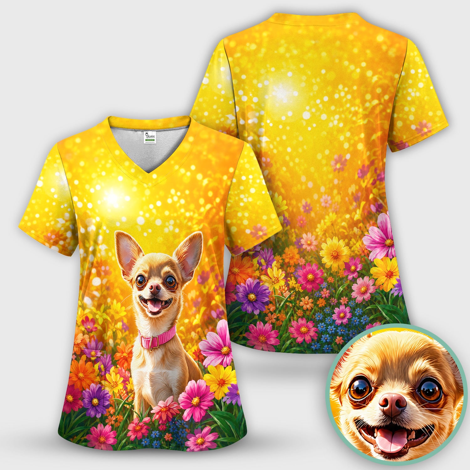 Cute Chihuahua Flower Meadow Pattern Scrub Top, Comfortable Scrubs for Nurses