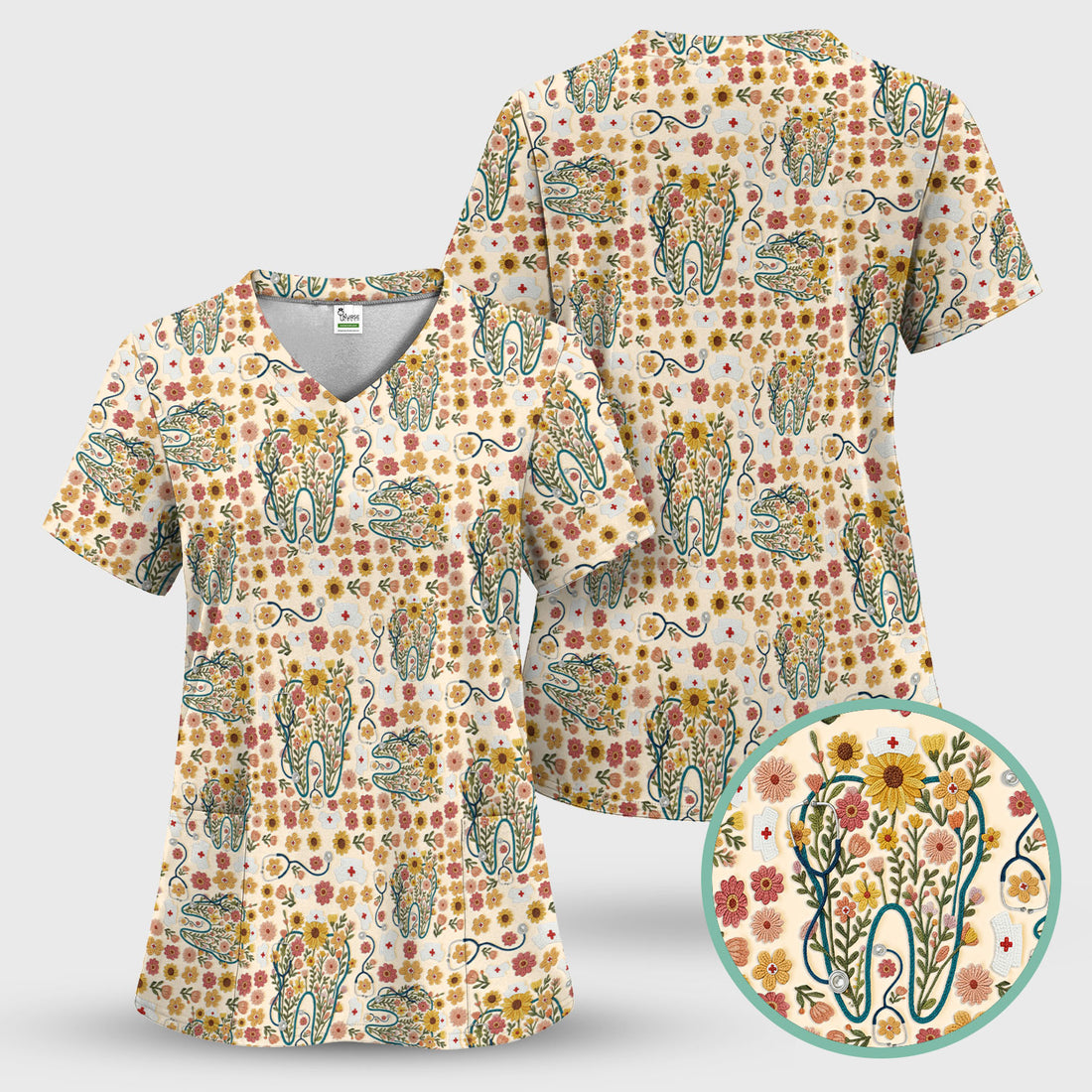 Boho Floral Tooth Scrub Top - Aesthetic Dental Scrubs for Women - Cute Flower Tooth Pattern Medical Uniform - Hygienist Christmas Gift