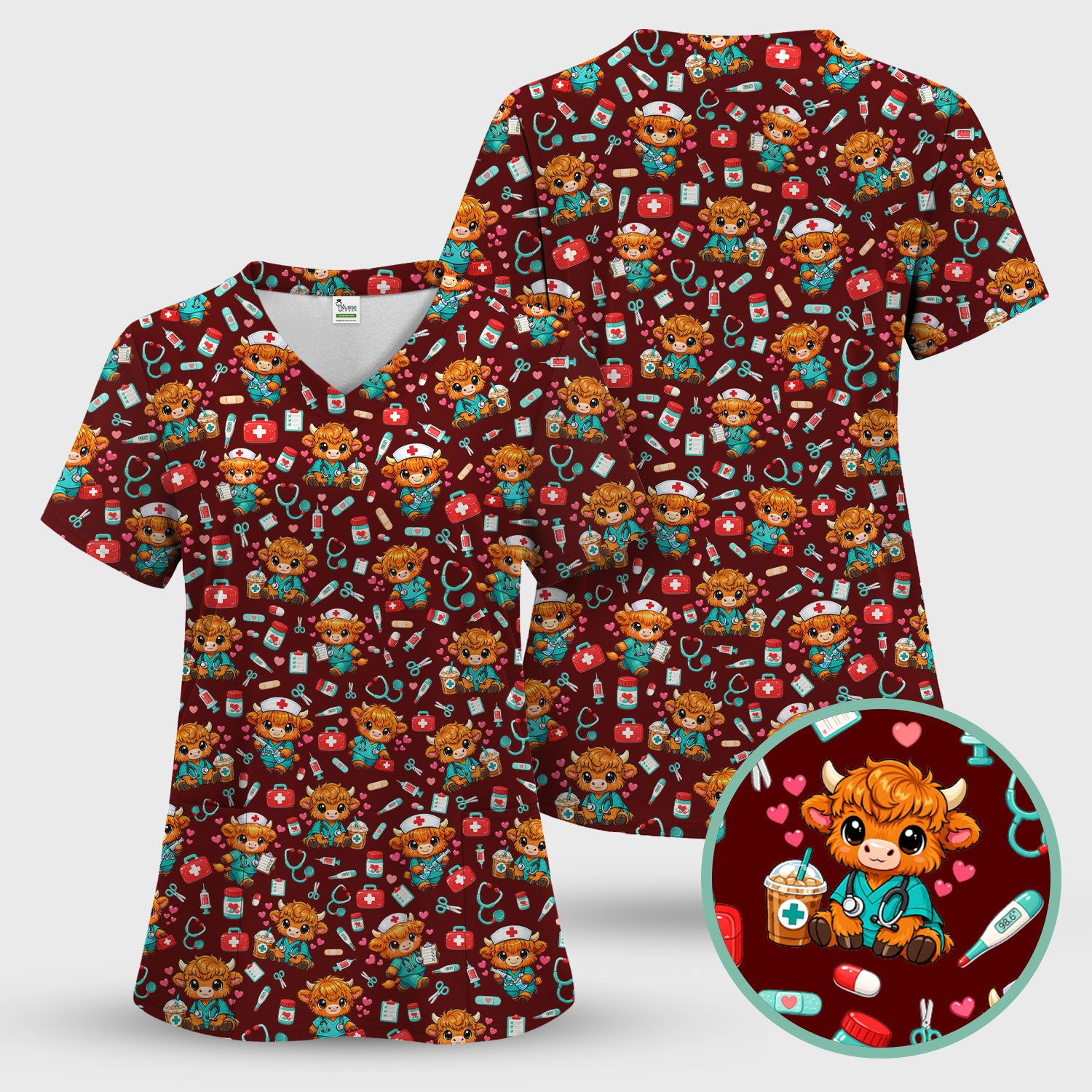 Cute Highland Cow Nurse Scrub Set, Kawaii Medical Pattern Shirt, Breathable Fabrics Nursing Uniform