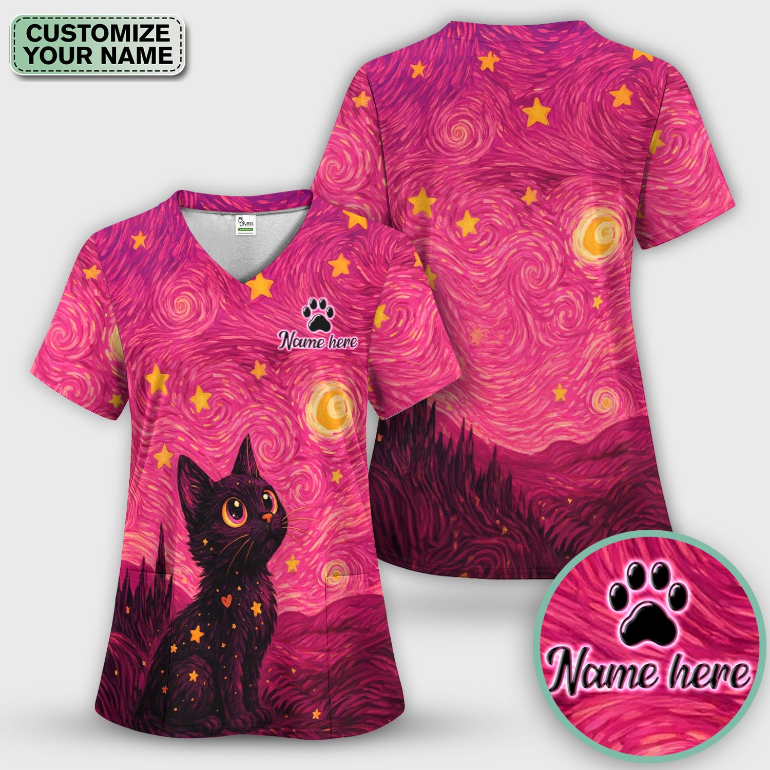 Personalized Black Cat Galaxy Star Swirl Pattern Scrub Top, Comfortable Scrubs for Nurses