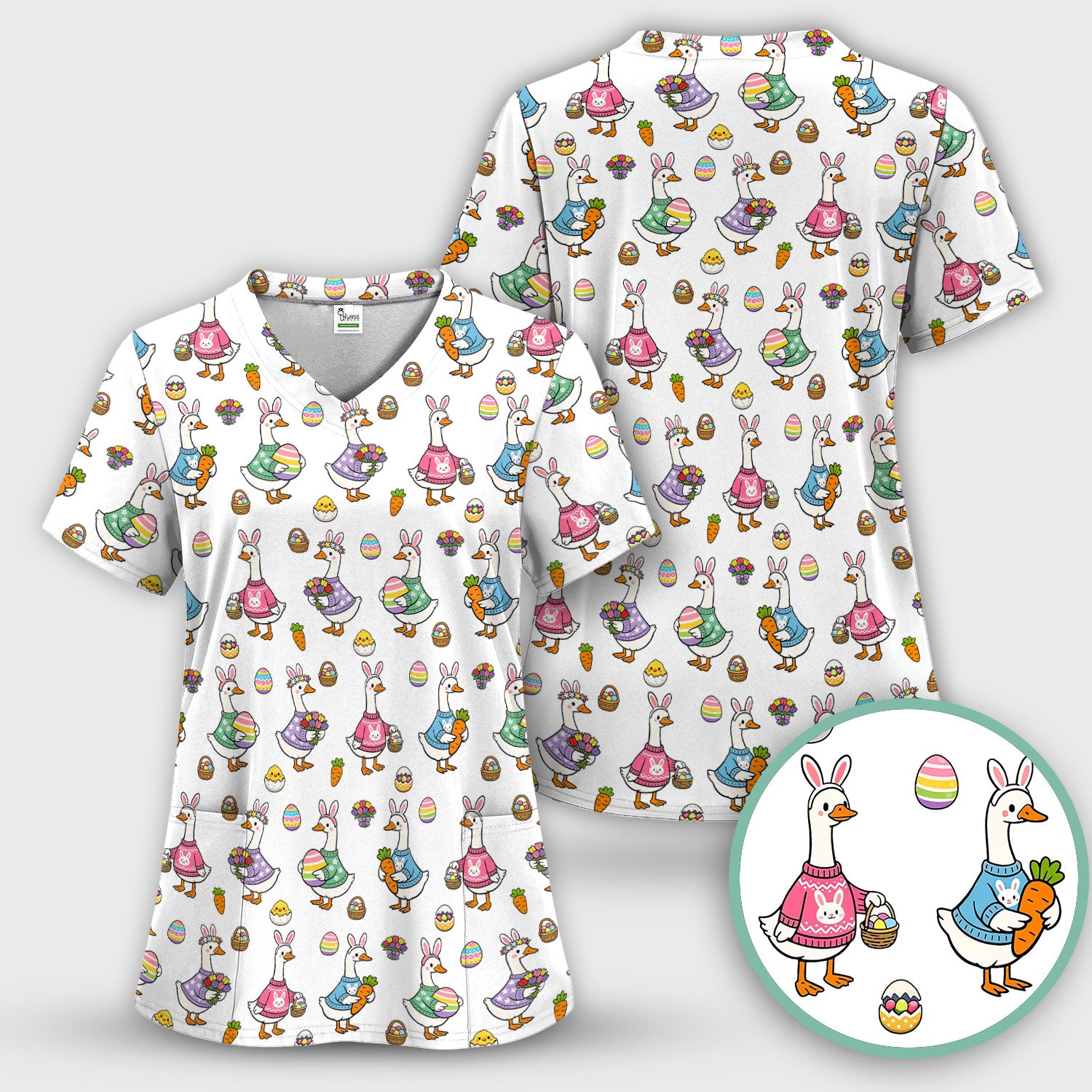 Cute Easter Goose Pattern Scrub Top, Breathable Fabrics Nursing Uniform