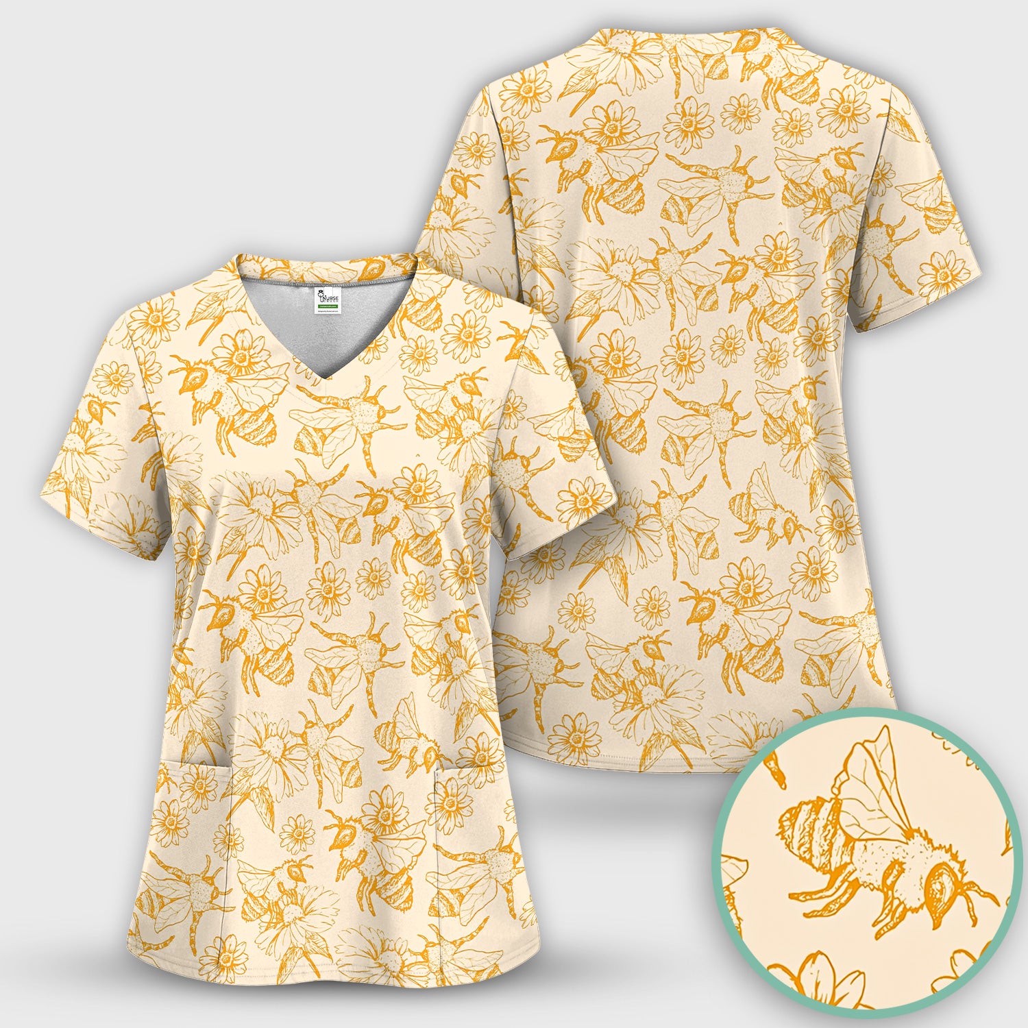Cute Honey Bee Flower Sketch Pattern Scrub Top, Comfortable Scrubs for Nurses