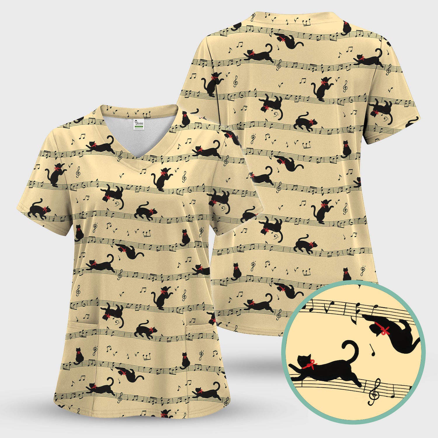 Cute Dancing Black Cat Music Staff Pattern Scrub Top, Comfortable Scrubs for Nurses