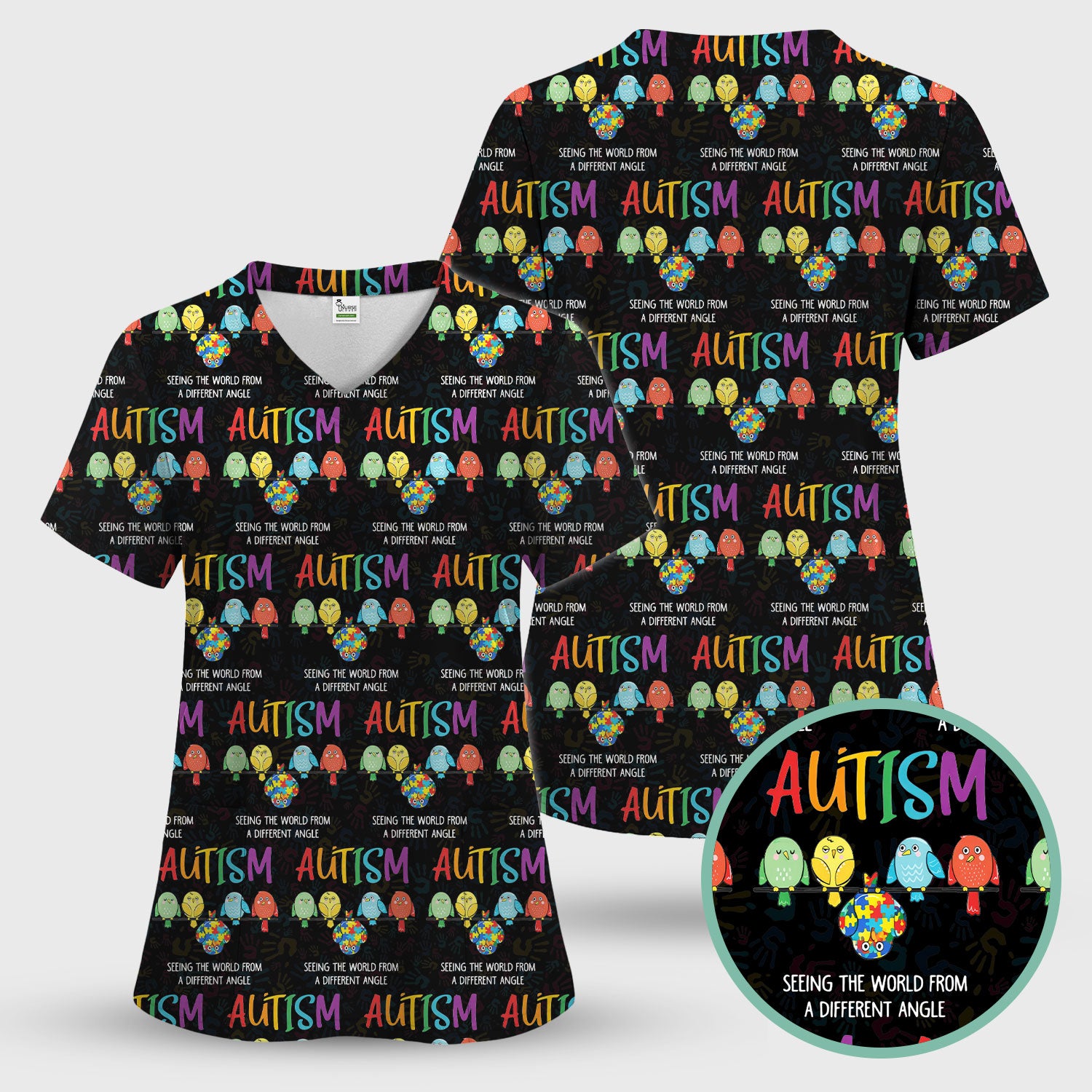 Autism Seeing The World From A Different Angle Birds Scrub Top ,Comfortable Scrubs for Nurses