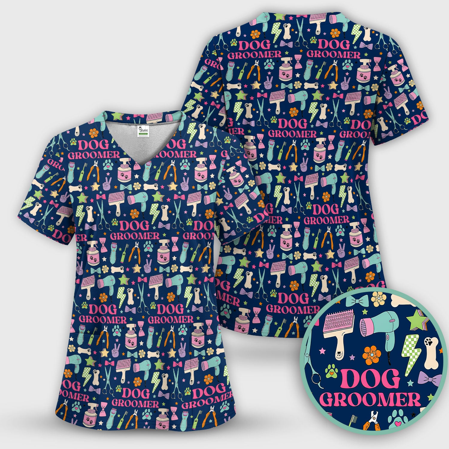 Dog Groomer Tools Pattern Nursing Scrub Top, Comfortable Scrubs for Nurses