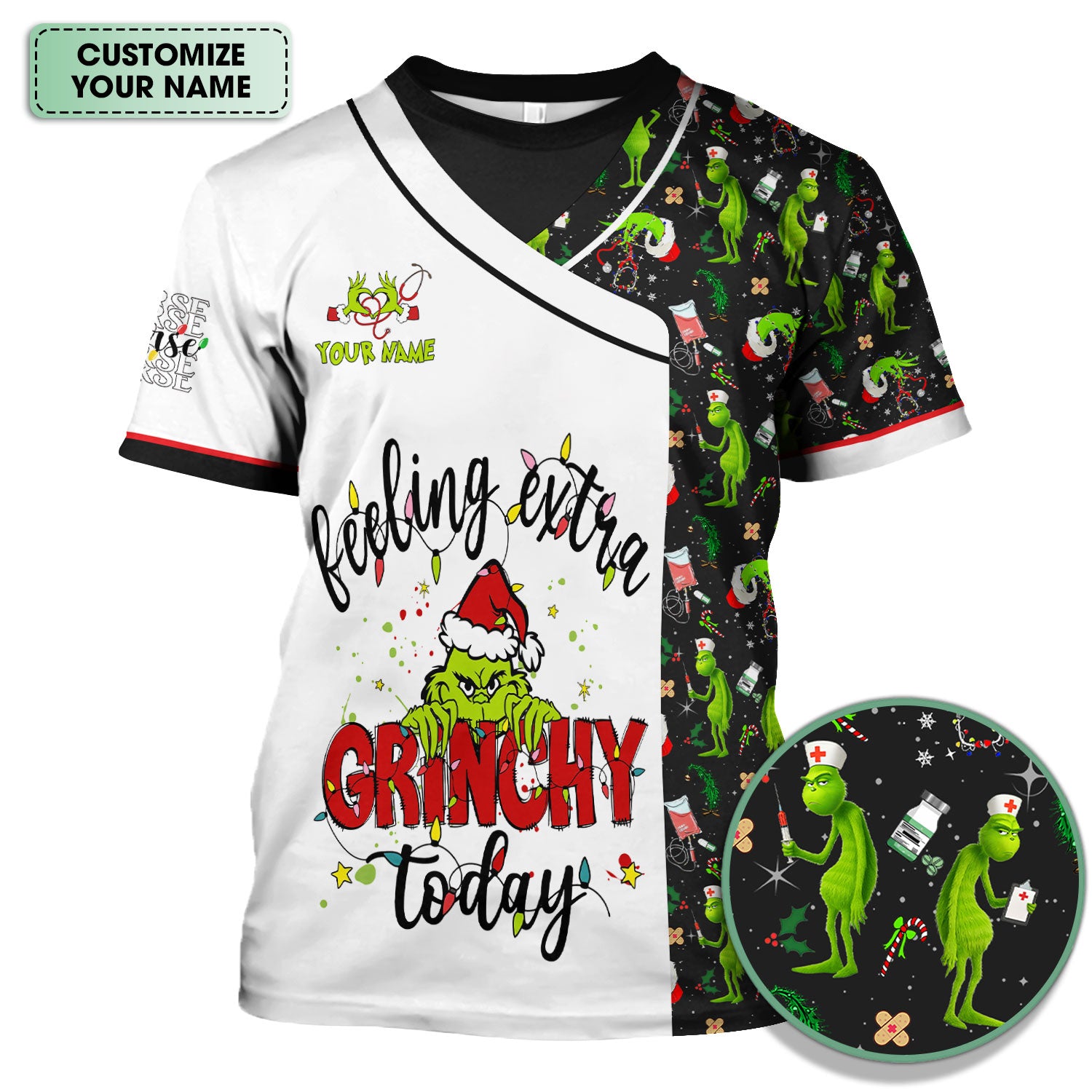 Custom Grinch Nurse Scrub Top Multi Color - Feeling Extra Grinchy Today Christmas Scrub Shirt - Funny Holiday Nursing Workwear