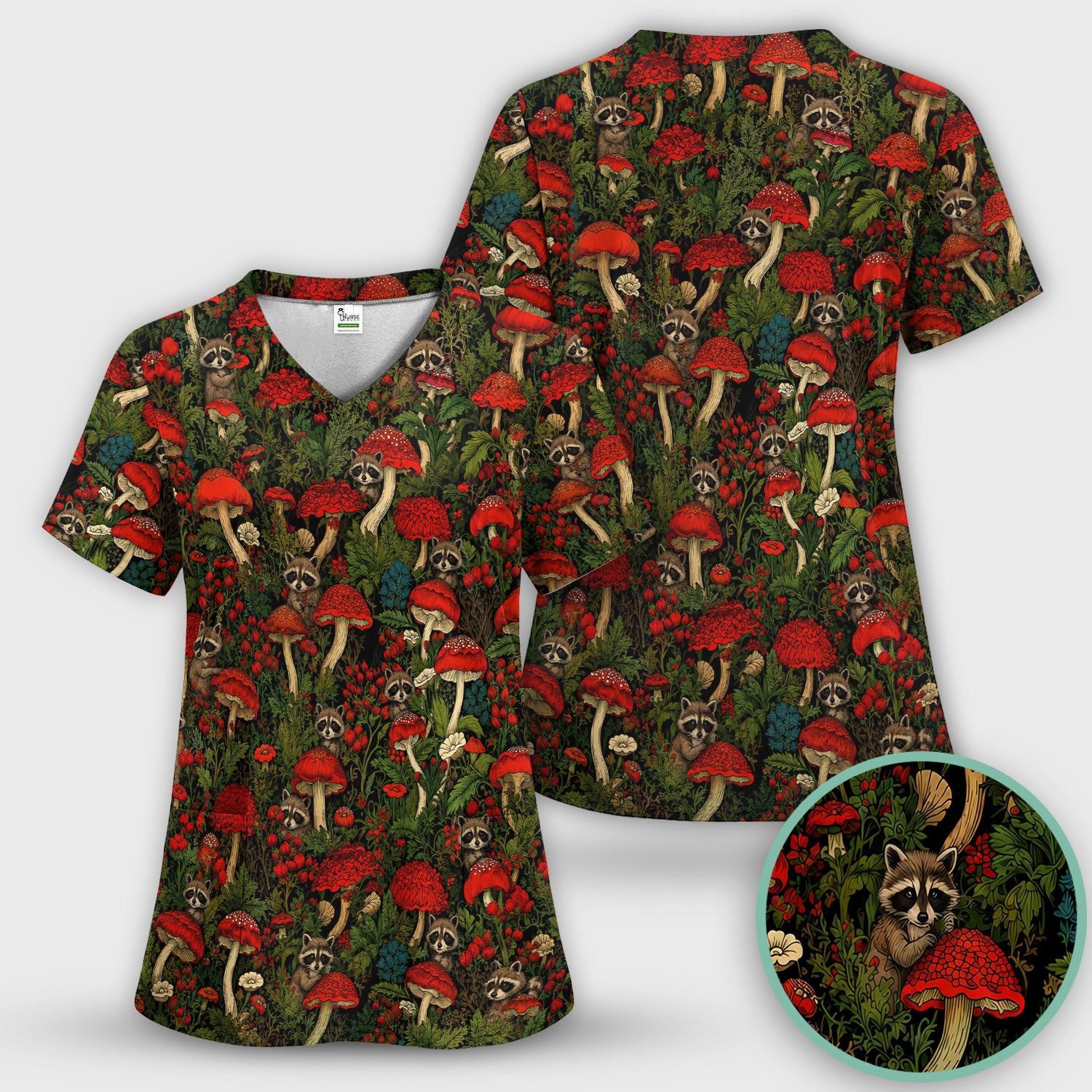 Woodland Raccoon Red Mushroom Pattern Scrub Set, Scrub Pants and V Neck Top