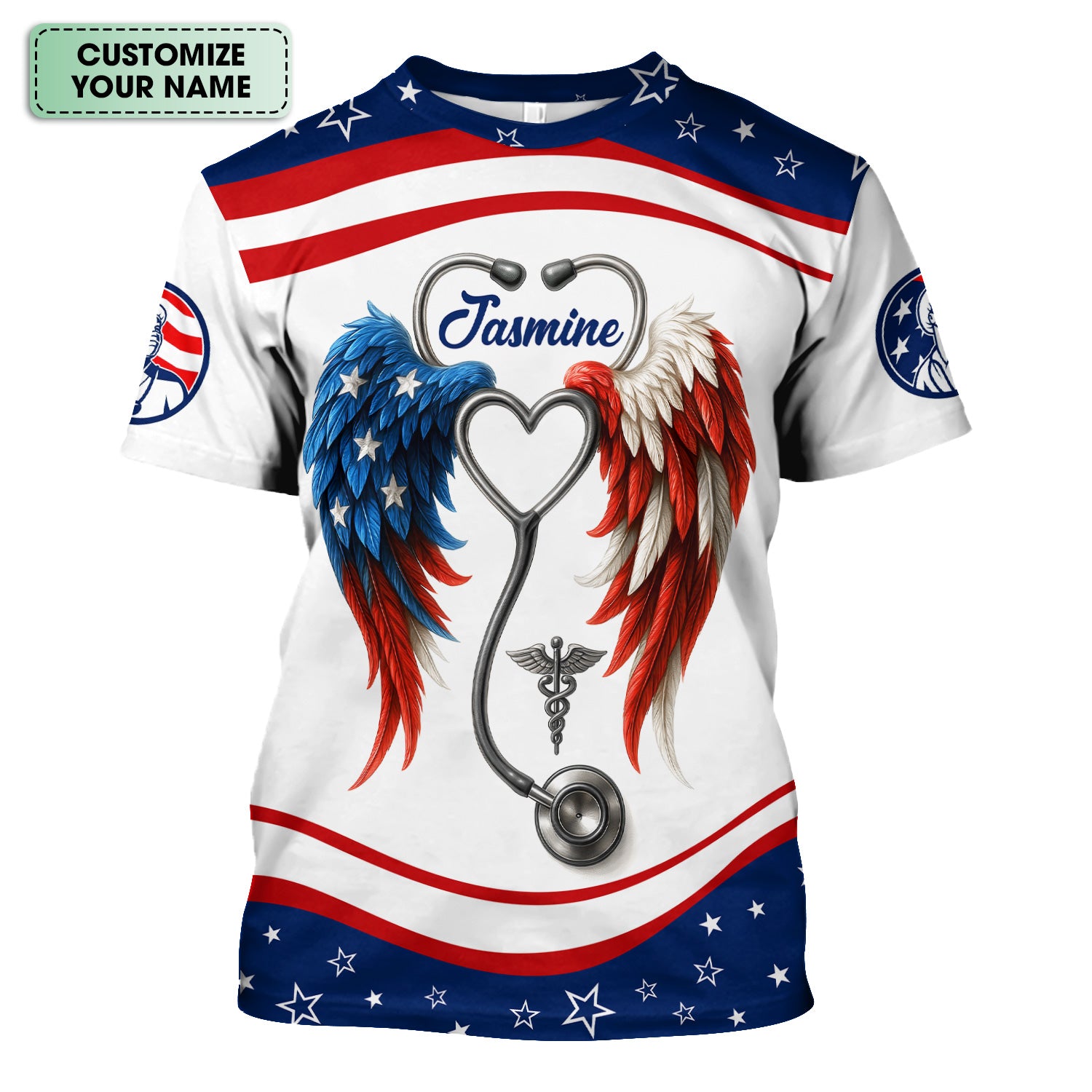 Personalized Nurse Shirt - American Flag Angel Wings & Scrubs Design - Patriotic Gift for RN LPN CNA Women
