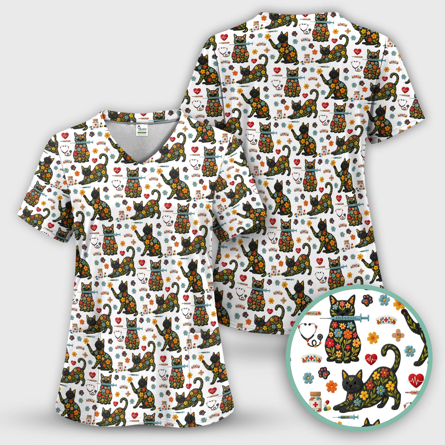 Floral Black Cat Pattern Scrub Top, Cute Cat Nurse Scrub Shirt, Medical Nursing Uniform