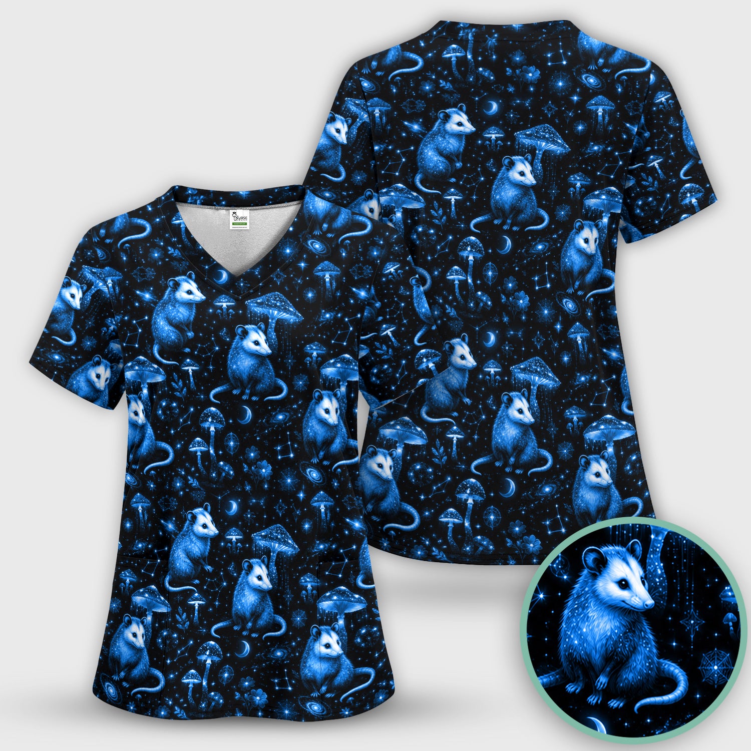 Celestial Blue Opossum With Mushroom Pattern Scrub Top, Comfortable Scrubs for Nurses