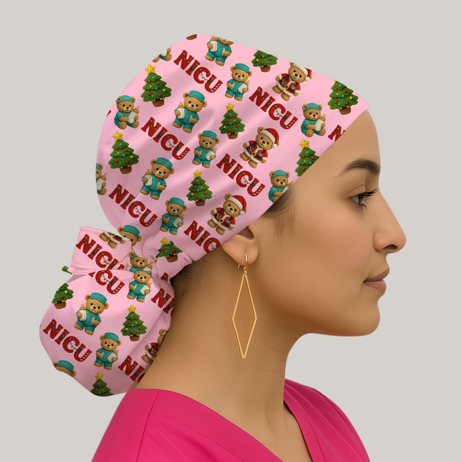 Festive Christmas NICU Nurse Teddy Bear Pattern Print Cap, Bouffant Scrub Caps for Women