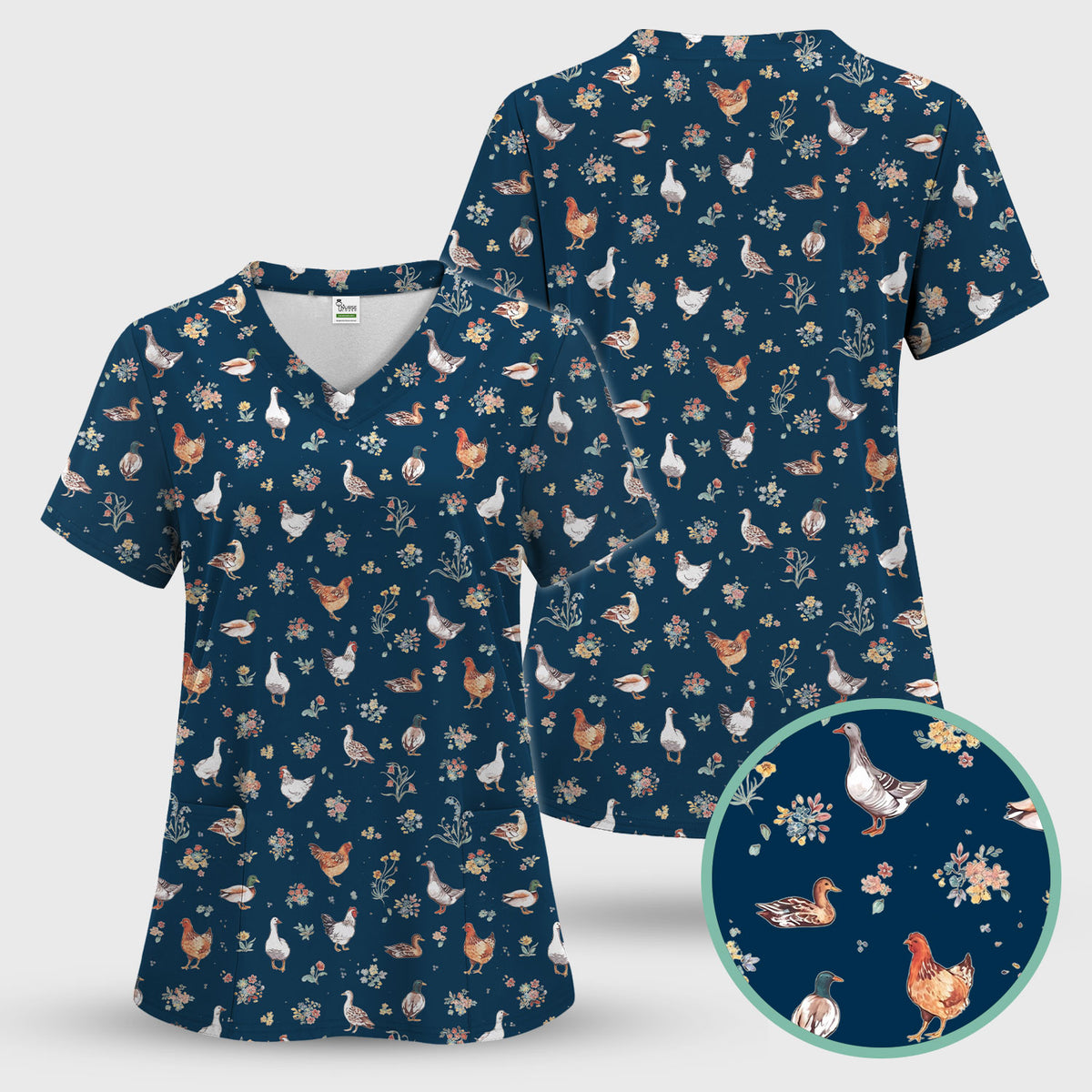 Farm Chicken Duck Floral Pattern Scrubs Sets, Scrub Pants and V Neck Top