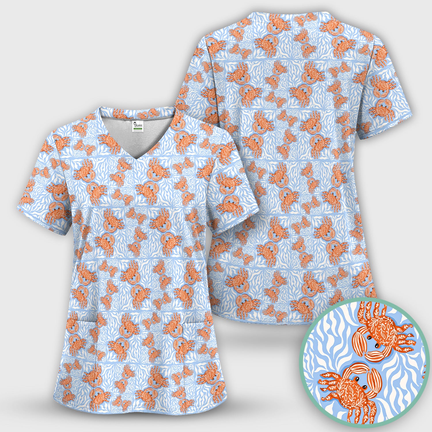 Cute Coastal Crab Print Scrub Set, Women's Scrub Sets