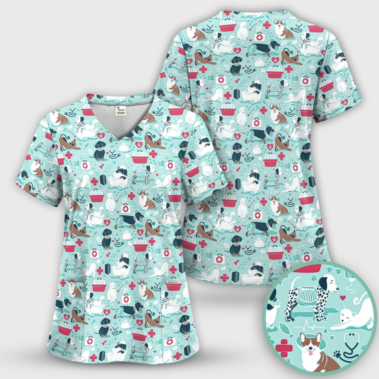 Dogs With Veterinary Tools And Paw Print Scrub Set, Breathable Med Uniform