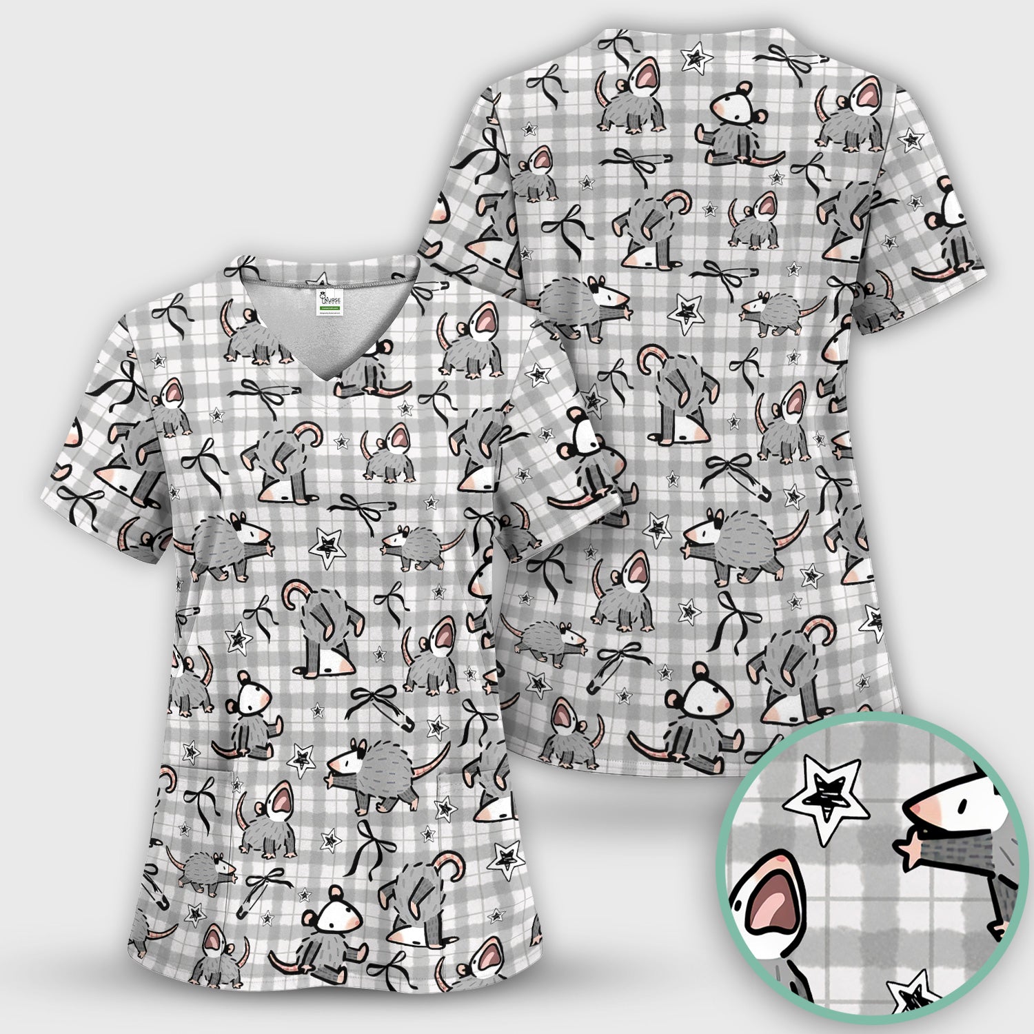 Funny Mouse Cartoon Pattern Print Scrub Top, Breathable Fabrics Nursing Uniform, Opossum