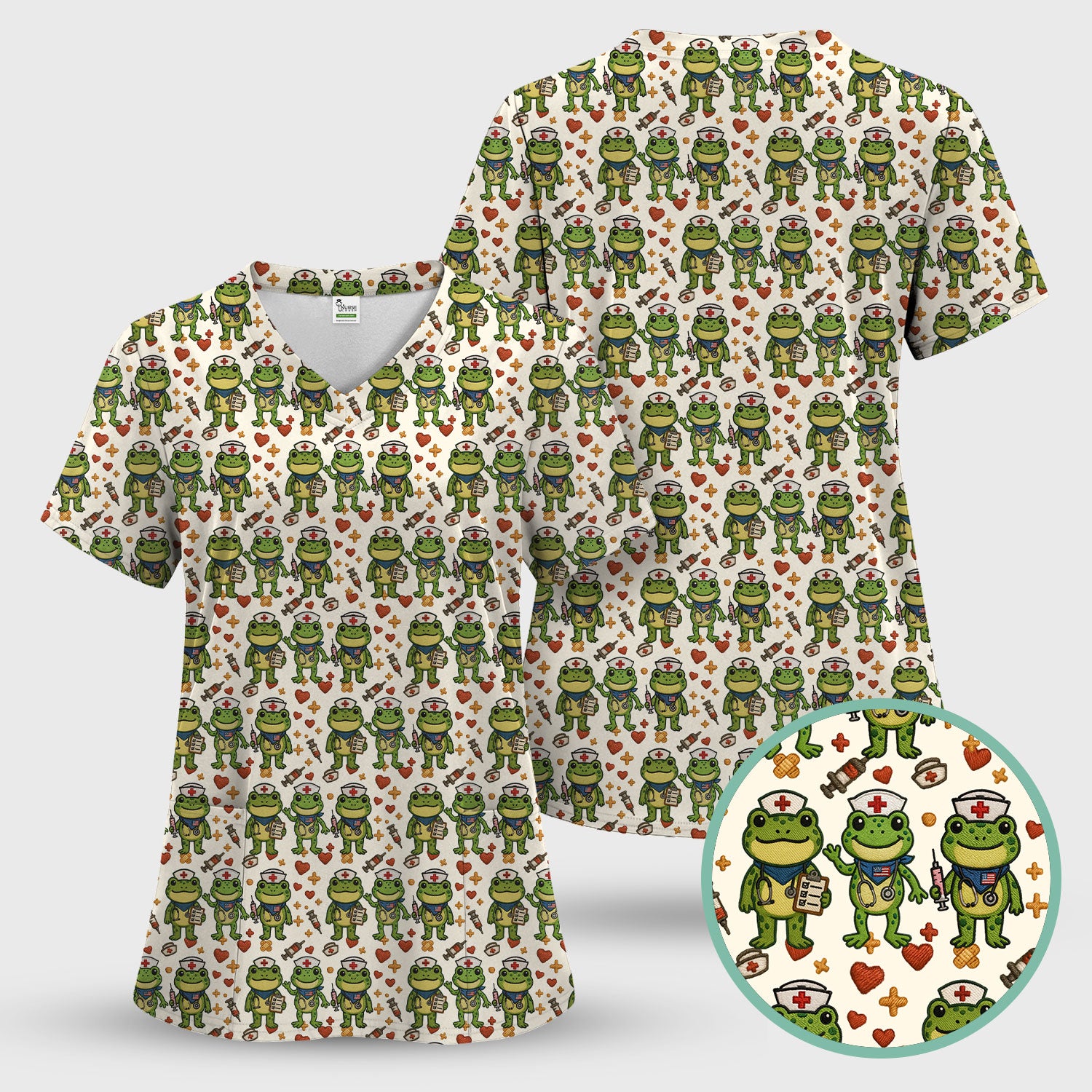 Frog Pattern Scrub Top, Cute Frog Scrub Shirt, Breathable Fabrics Nursing Uniform
