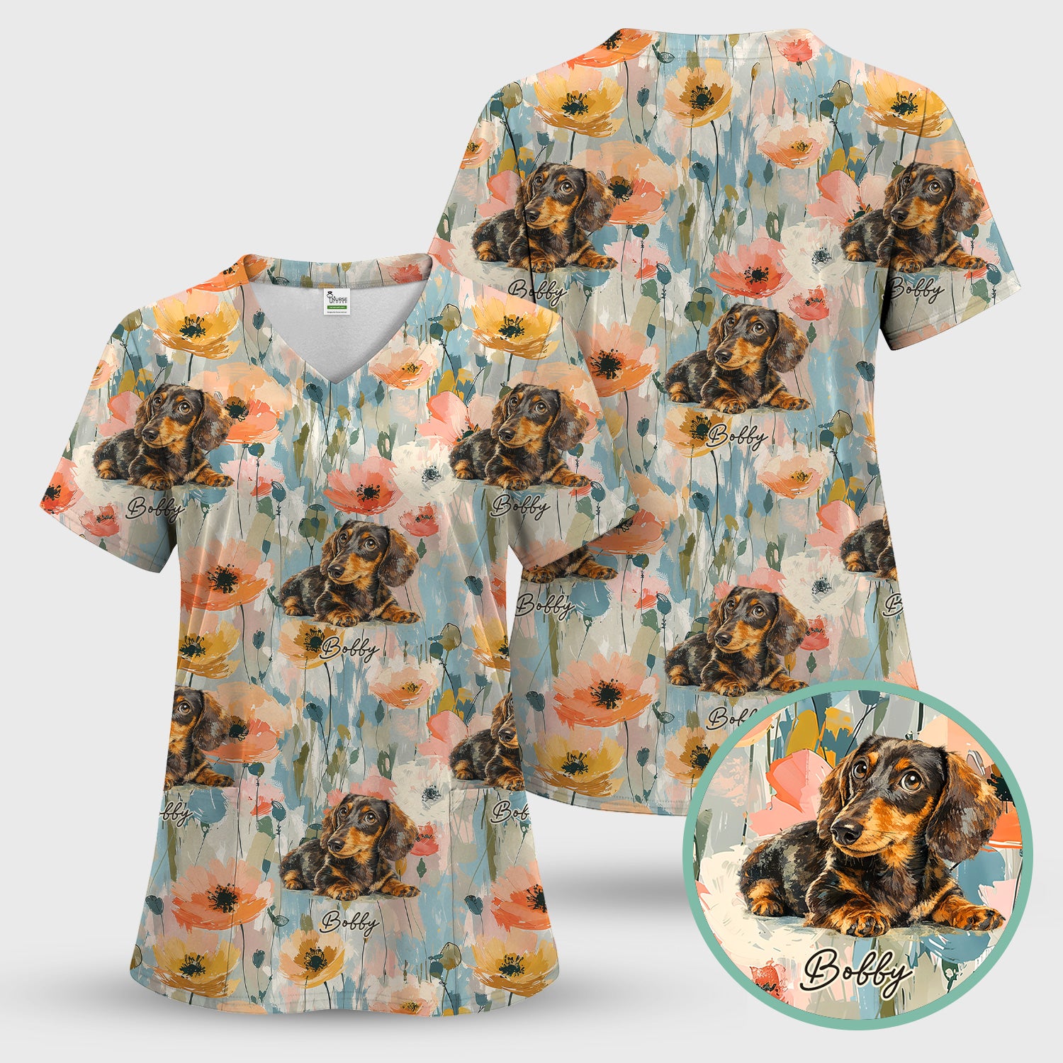Personalized Dachshund Floral Portrait Pattern Scrub Top, Comfortable Scrubs for Nurses