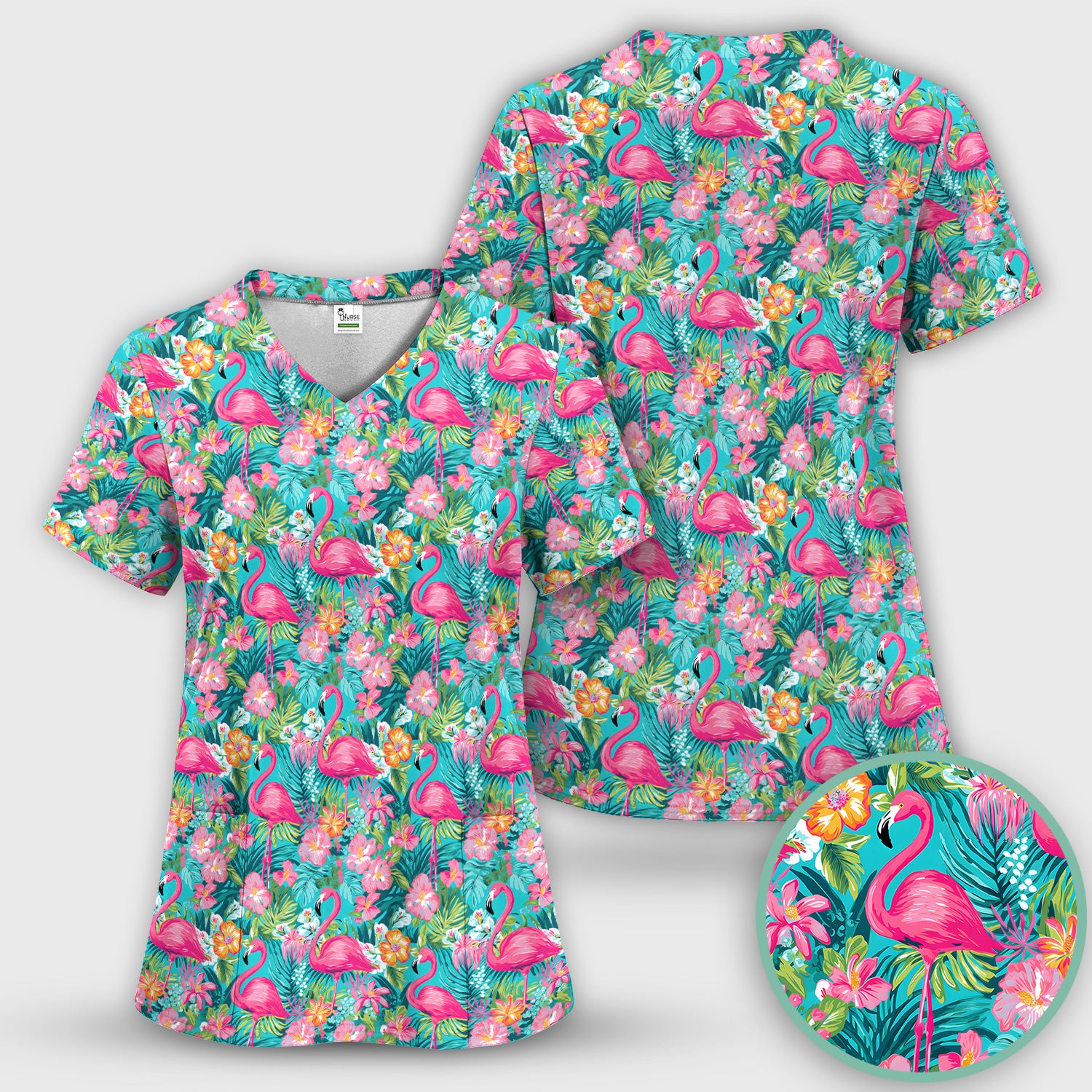 Tropical Flamingo Floral Pattern Scrub Set, Scrub Pants and V Neck Top