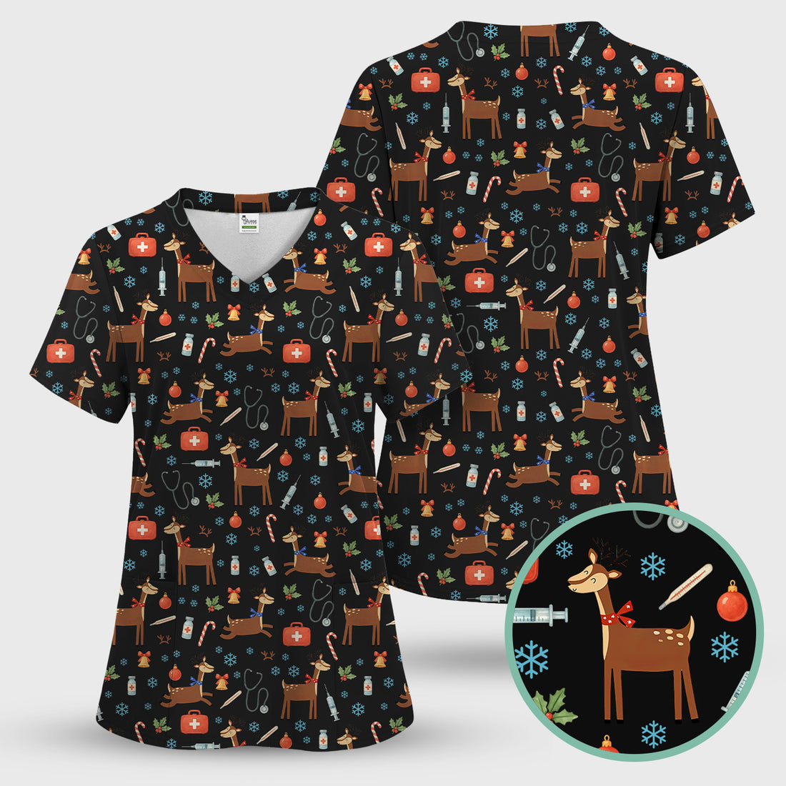 Christmas Reindeer Scrub Top for Nurses - Cute Reindeers Snowflakes Candy Canes Shirt - Comfortable Med Uniform
