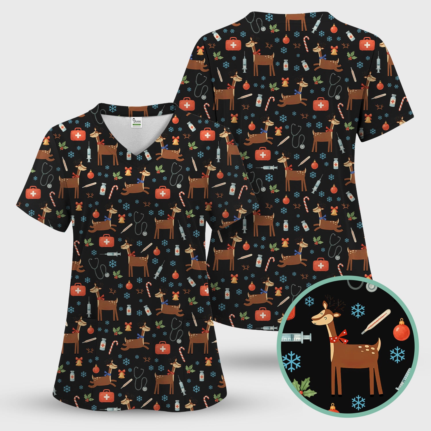Christmas Reindeer Scrub Top for Nurses - Cute Reindeers Snowflakes Candy Canes Shirt - Comfortable Med Uniform