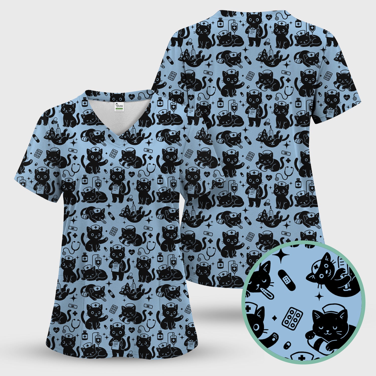 Cute Black Cat Nurse Pattern Scrub Top, Breathable Fabrics Nursing Uniform