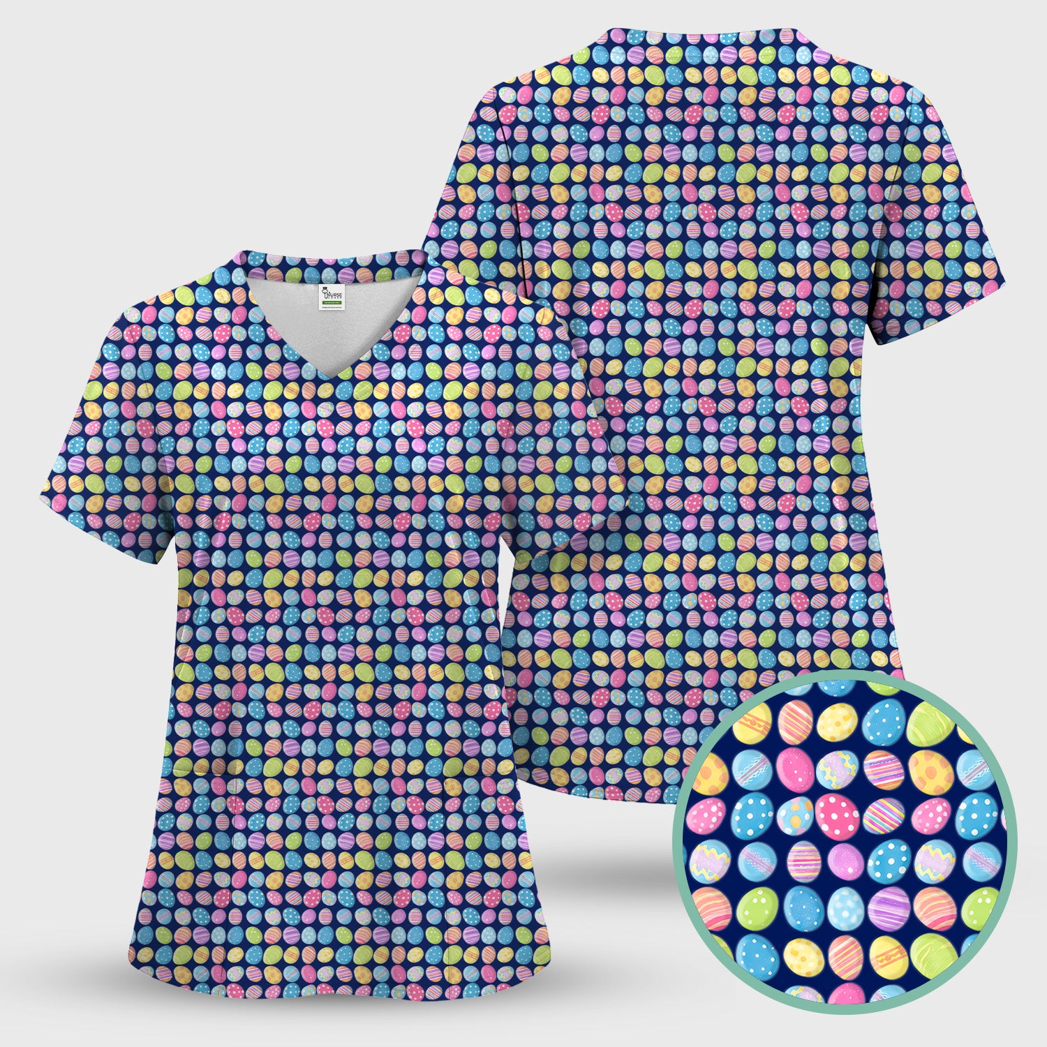 Colorful Easter Eggs Pattern Scrub Top, Comfortable Scrubs for Nurses