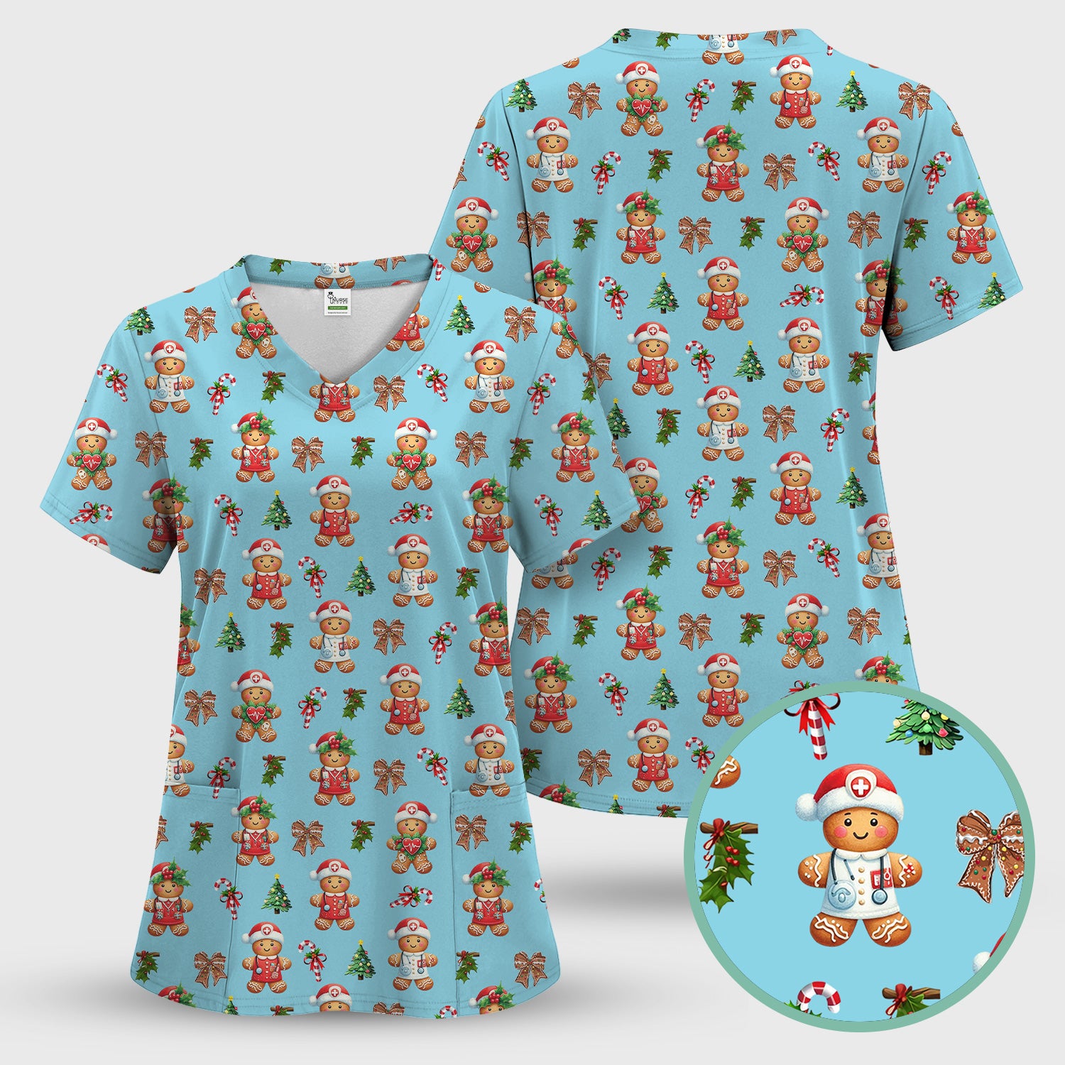 Funny Gingerbread Christmas Scrub Top - Cute Cookie with Bow Shirt - Festive Holiday Scrubs for Women
