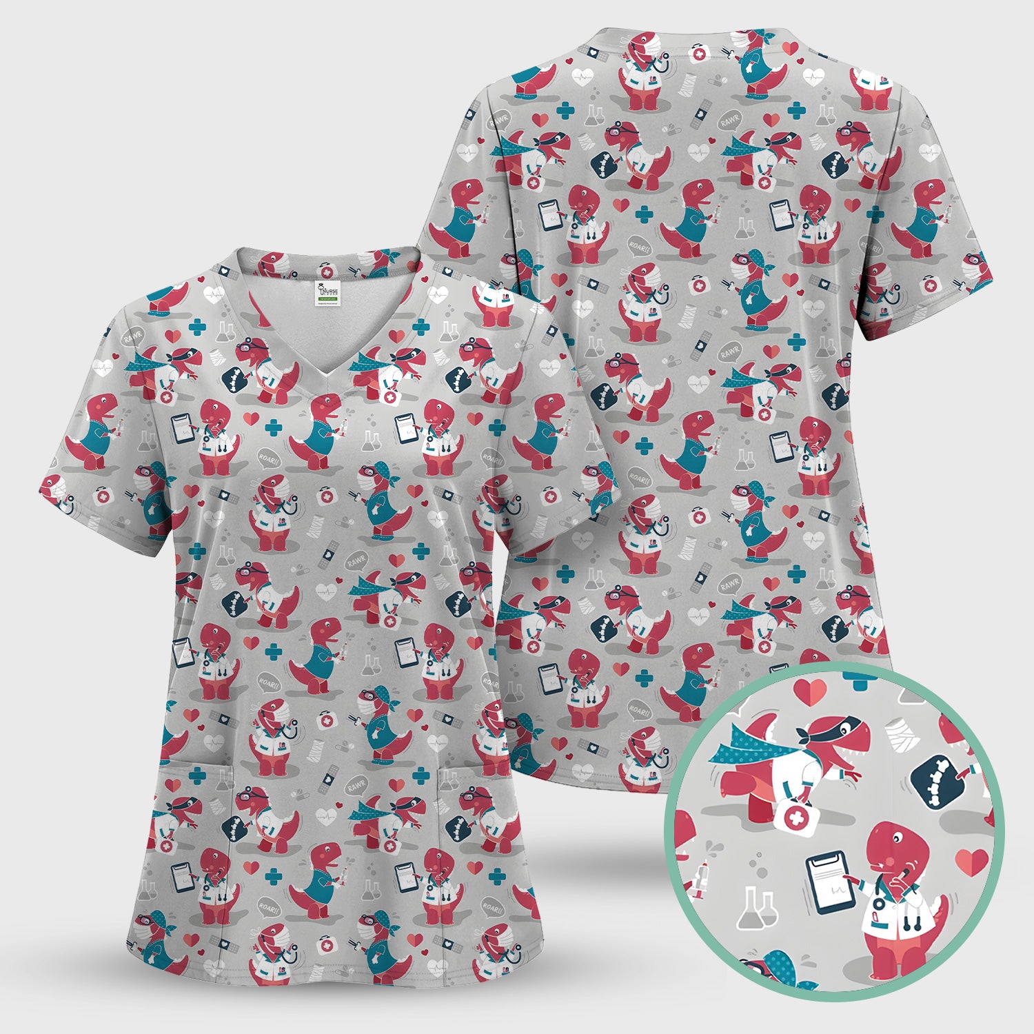 Cute Dinosaur Doctor Medical Pattern Scrub Top, Breathable Fabrics Nursing Uniform