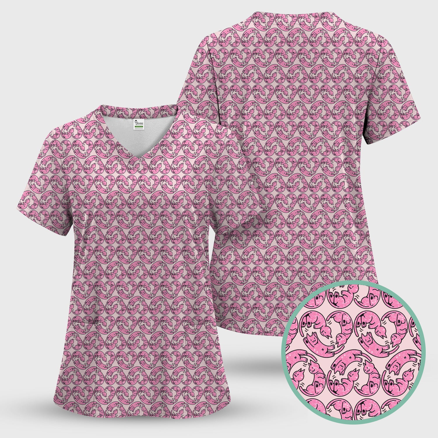 Cute Pink Cat Cartoon Pattern Scrub Top, Comfortable Scrubs for Nurses