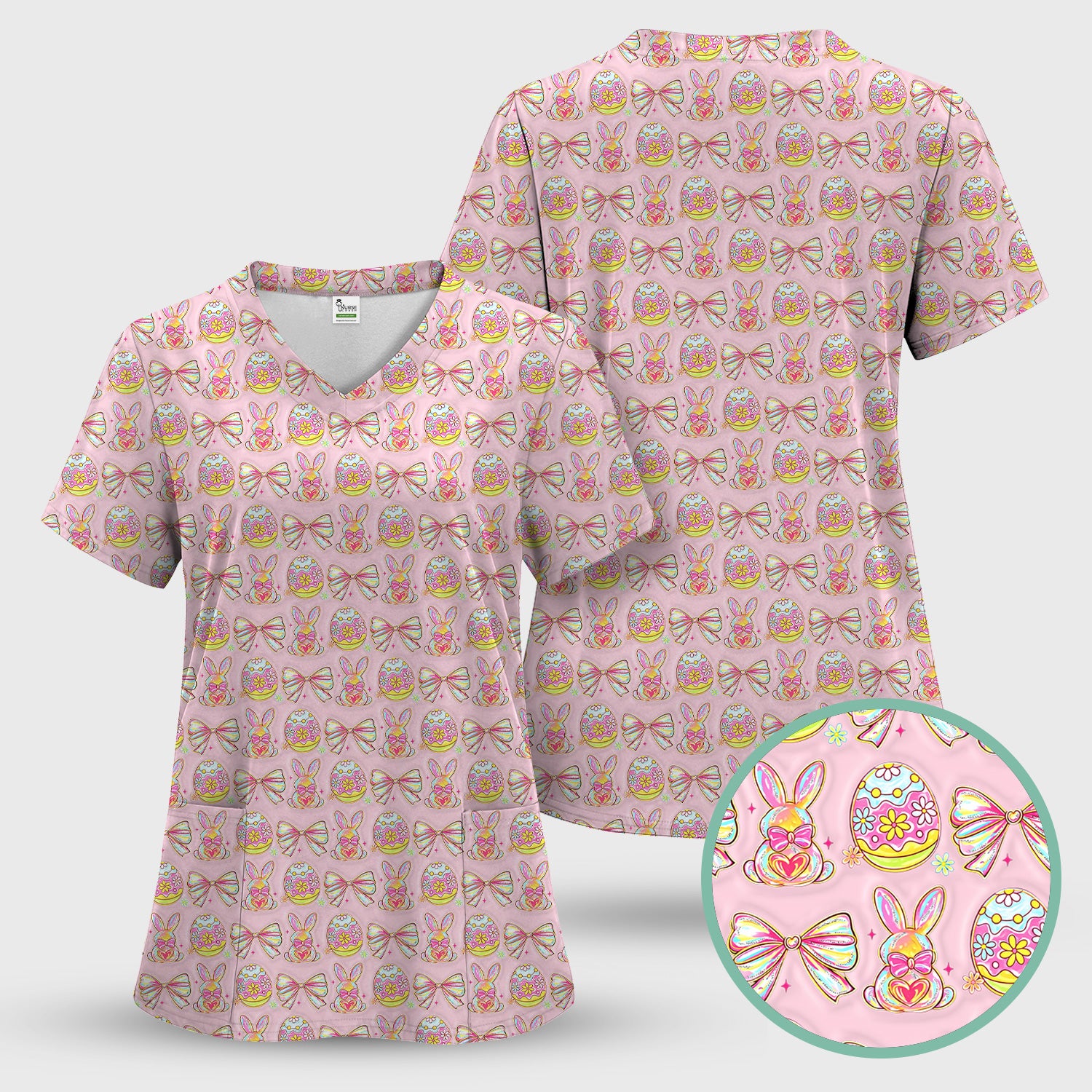Easter Bunny Pastel Egg Bow Pattern Scrub Top, Breathable Fabrics Nursing Uniform