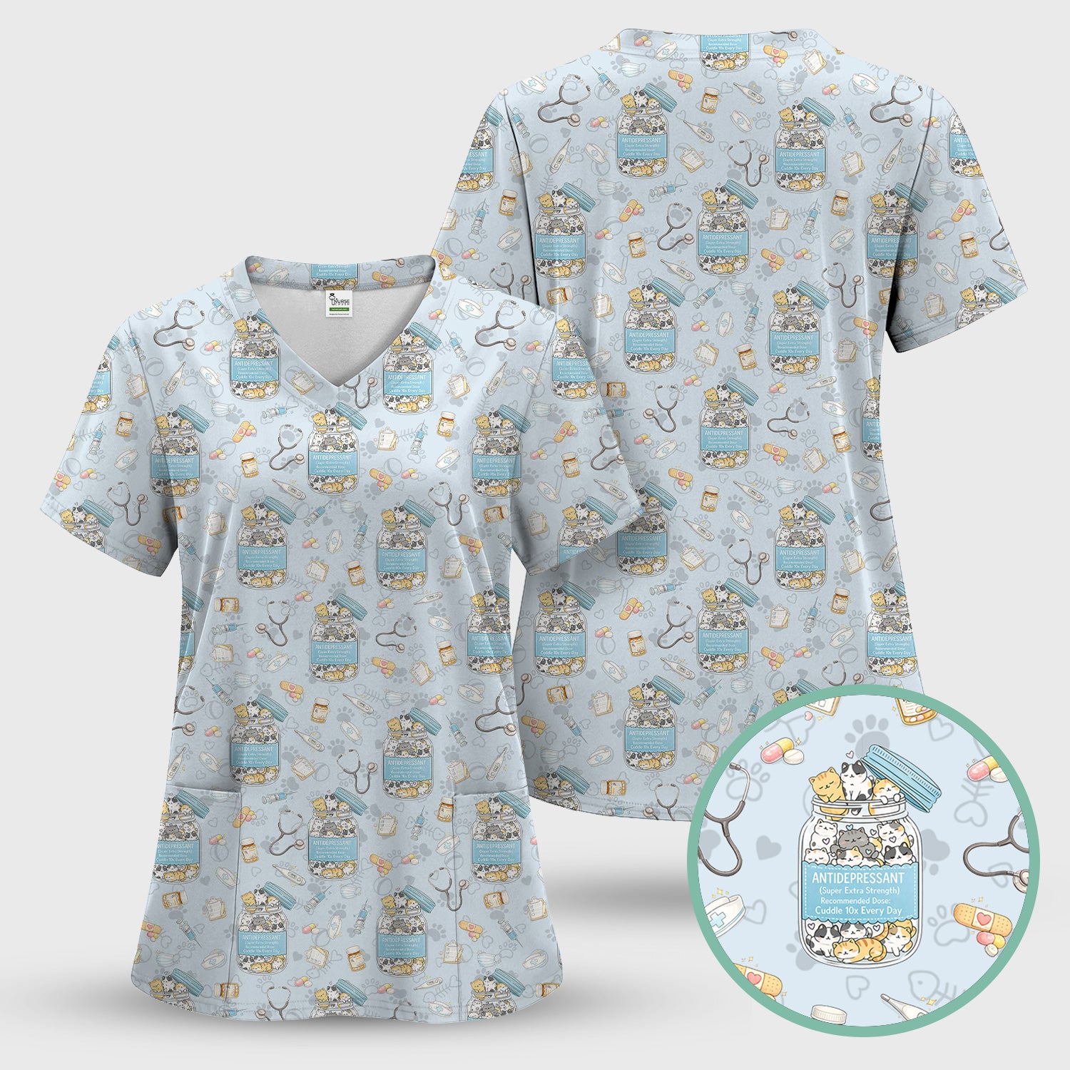 Cute Antidepressant Cat Jar Print Nurse Scrub Top, Breathable Fabrics Nursing Uniform