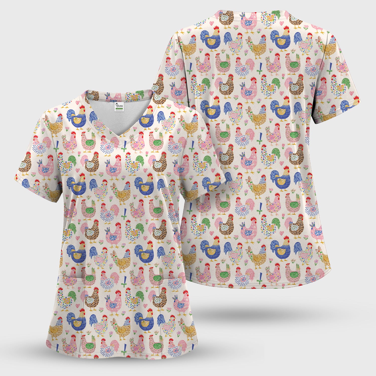 Colorful Chicken Farm Pattern Scrub Top, Breathable Fabrics Nursing Uniform