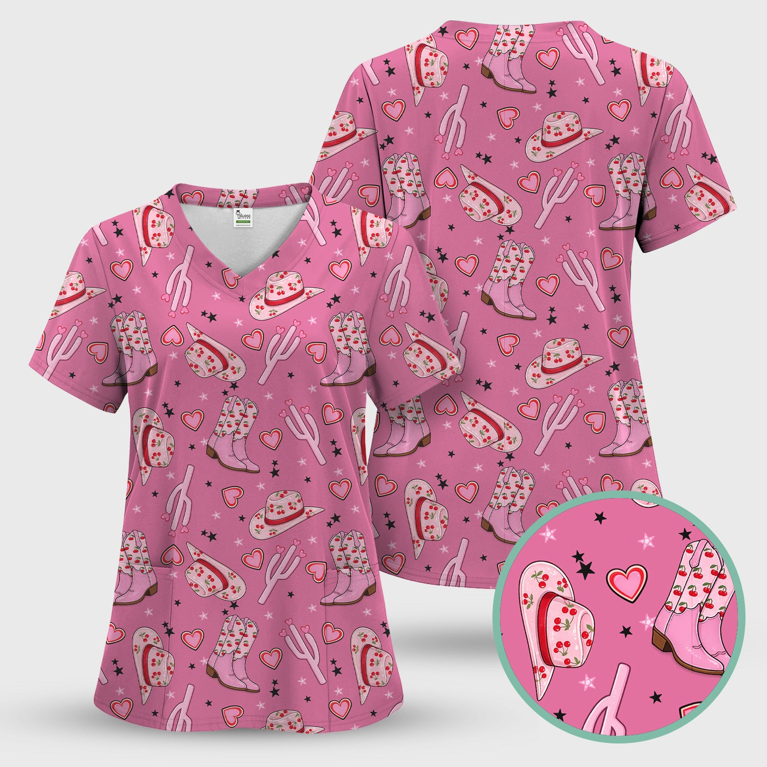 Pink Cowgirl Western Boots Hat Pattern Scrub Top, Breathable Medical Uniform Top