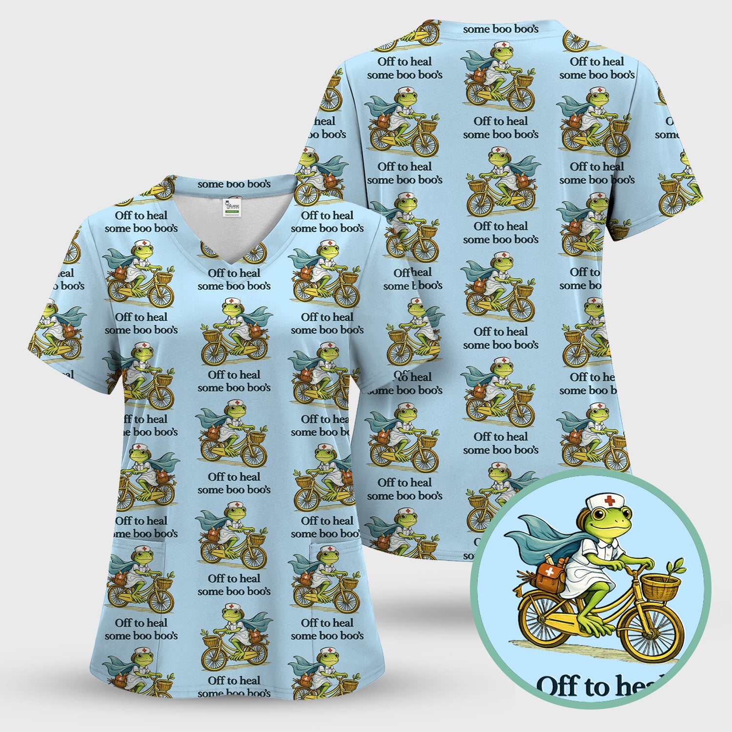 Funny Frog Nurse Cycling Pattern Scrub Top, Comfortable Scrubs for Nurses