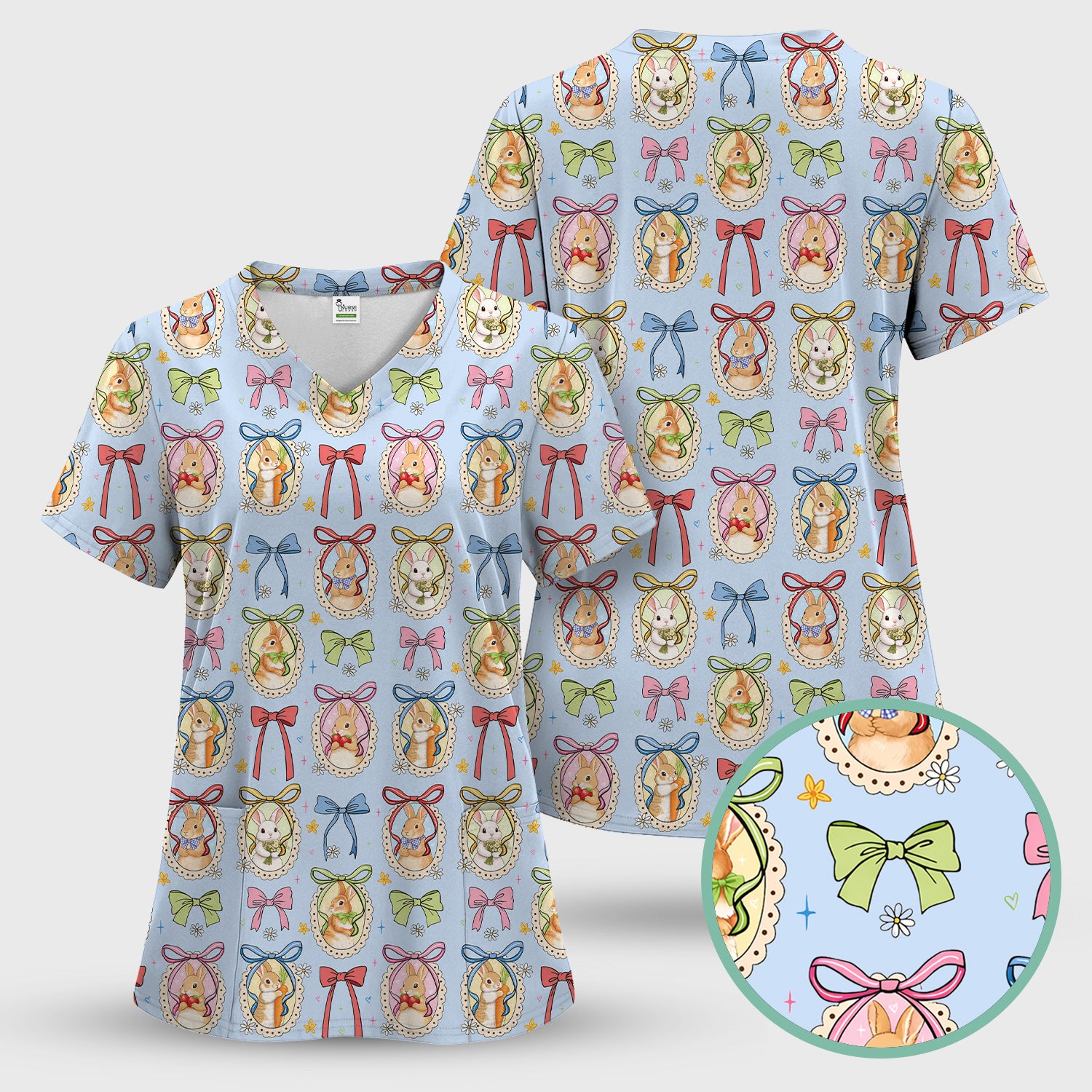 Cute Easter Bunny Cameo Colorful Bow Pattern Scrub Top, Breathable Fabrics Nursing Uniform