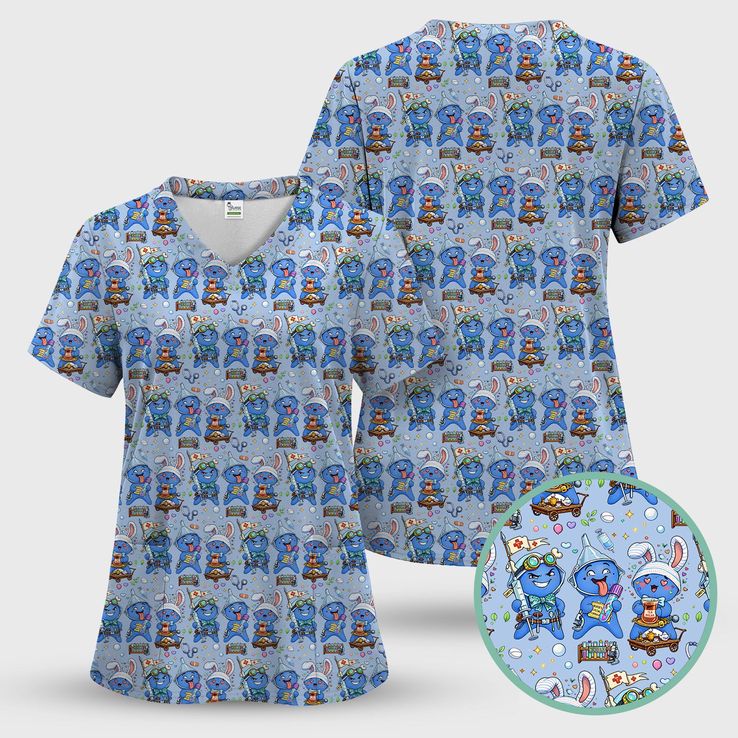 Cute Glove Doll Hospital Medical Cartoon Nurse Pattern Scrub Set, Women's Scrub Sets