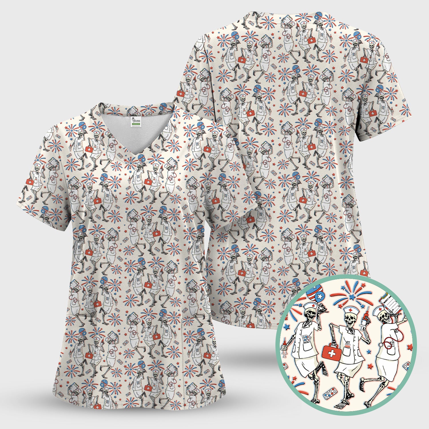 Funny Skeleton Nurse Patriotic Print Scrub Set, Scrub Pants and V Neck Top