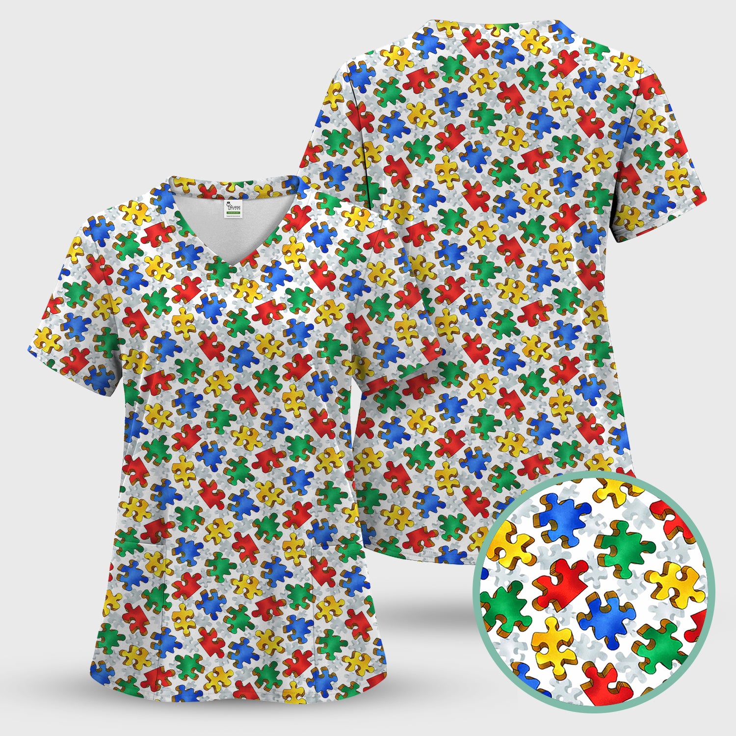 Colorful Autism Puzzle Piece Pattern Scrub Top, Comfortable Scrubs for Nurses