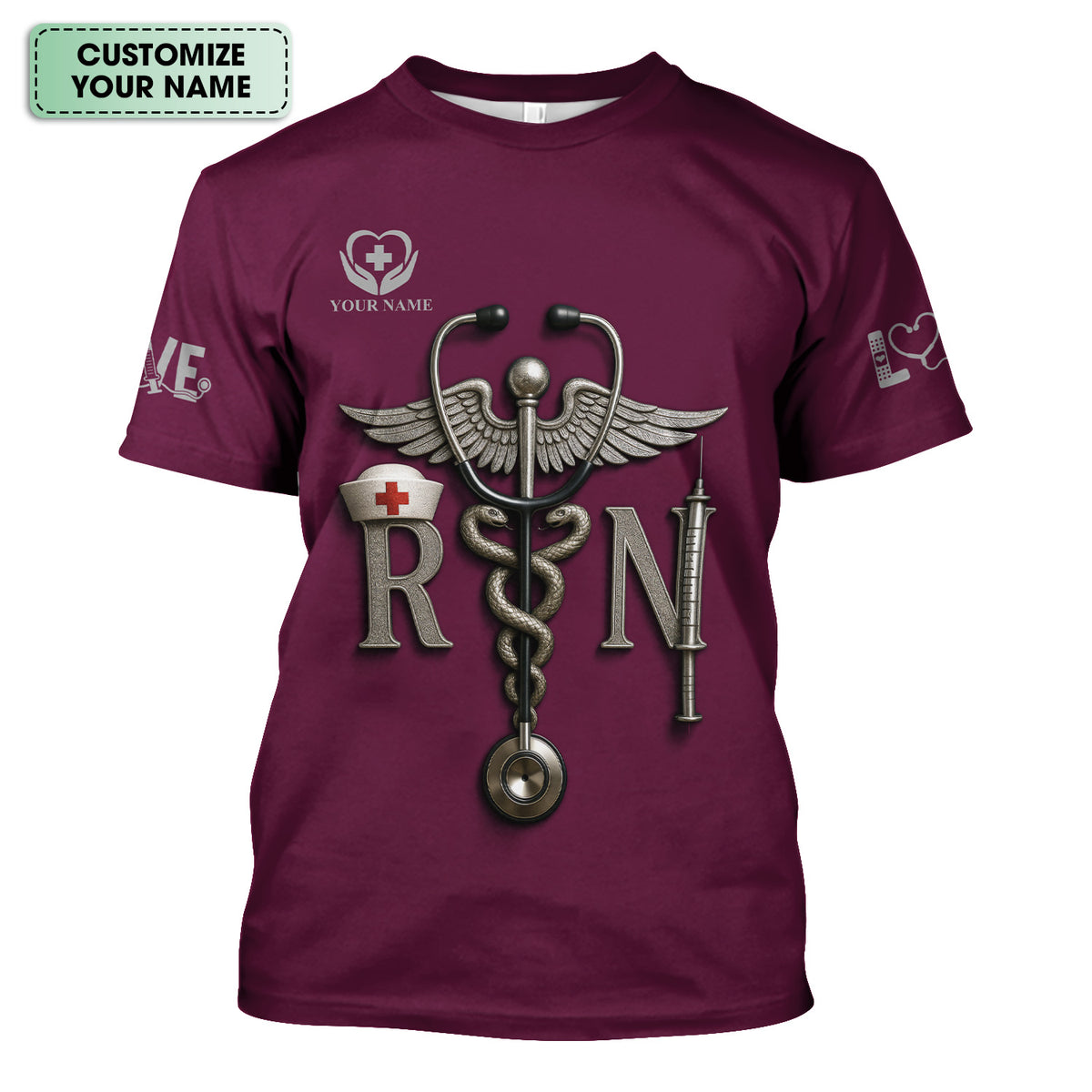 Personalized RN Nurse Shirt - Caduceus & Syringe Graphic - Custom Gift with Multiple Color Options for CNA LPN Medical Staff