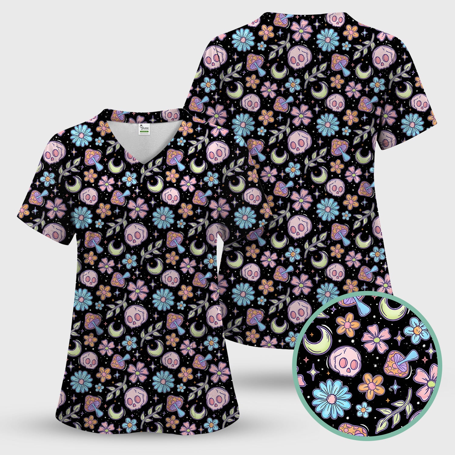 Neon Skull Mushroom Floral Scrub Top, Colorful Gothic Nurse Scrubs Uniform