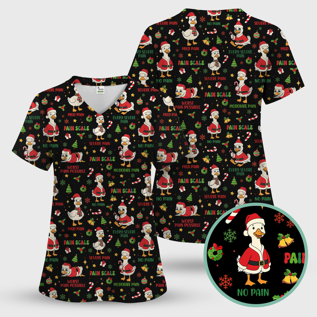 Christmas Nurse Scrub Top - Funny Goose Pain Scale - Cute Holiday Medical Uniform for Women