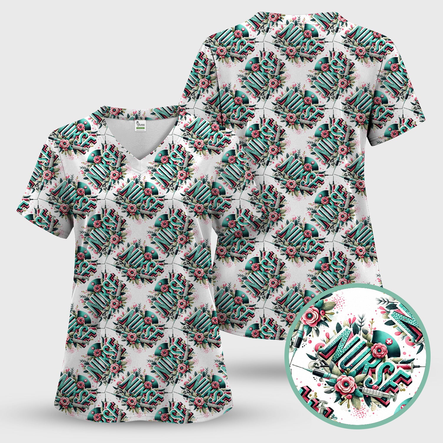 Cute Nurse Typography Floral Medical Pattern Scrub Set, Scrub Pants and V Neck Top