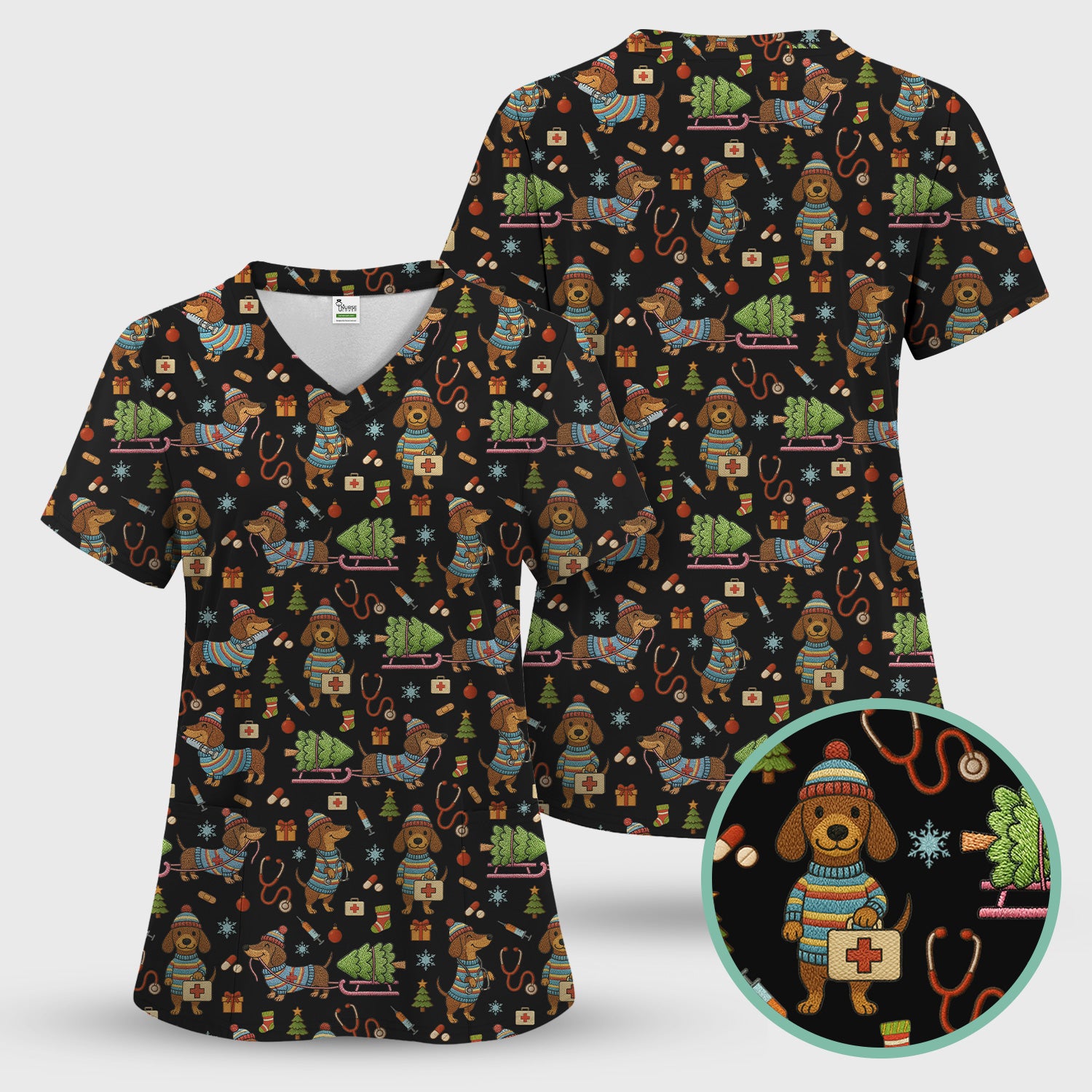 Dachshund Dog Scrub Set For Nurse, Funny Wiener Dog Lover Gift, Cute Dog 3D Knit Pattern Shirt