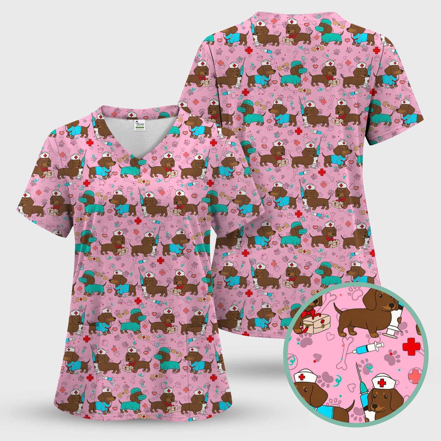 Cute Wiener Dog Dachshund Nurse Scrub Top, Funny Dachshund Dog Scrubs Shirt, Breathable Fabrics Nursing Uniform
