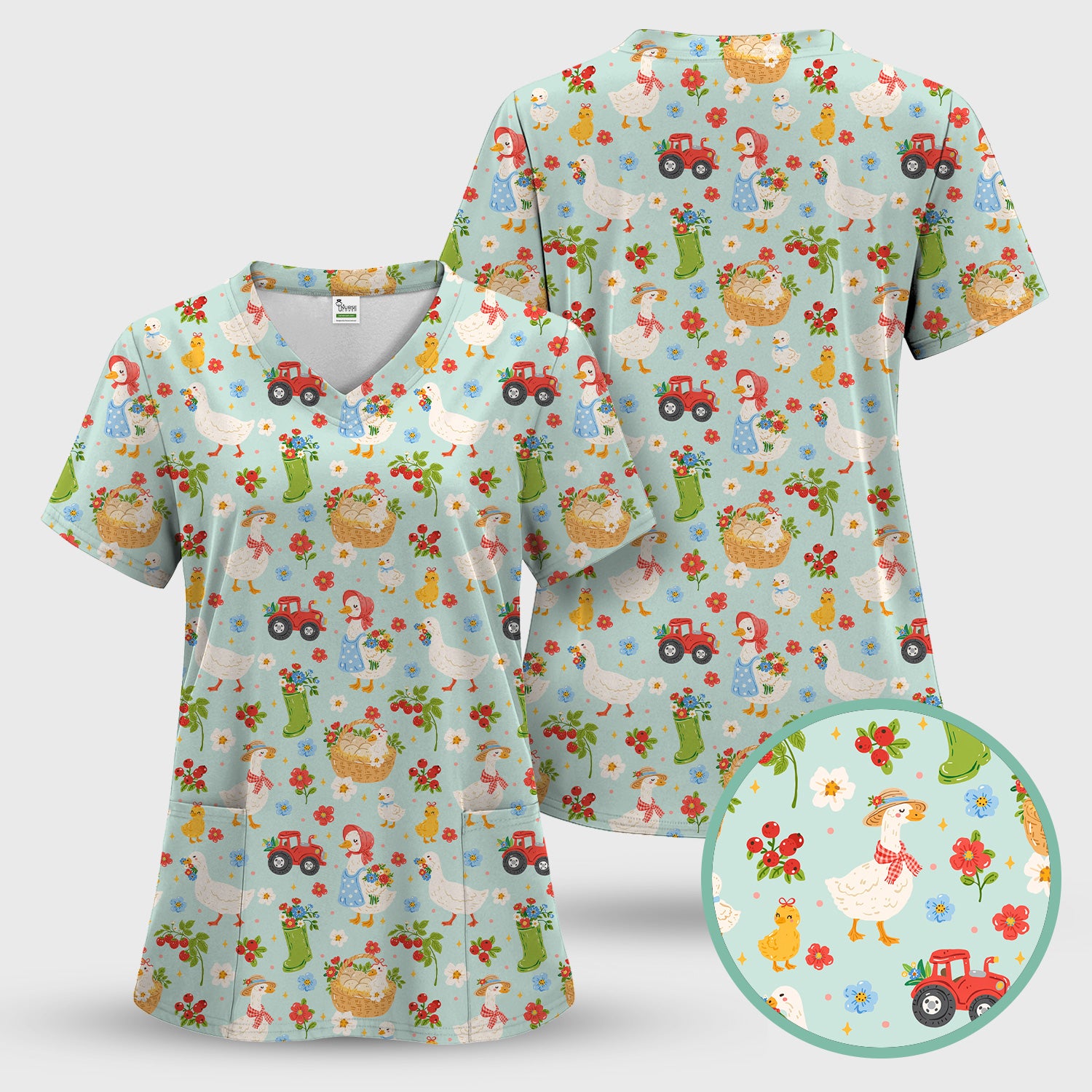 Farm Duck Chicken Tractor Flower Basket Scrub Top, Breathable Fabrics Nursing Uniform