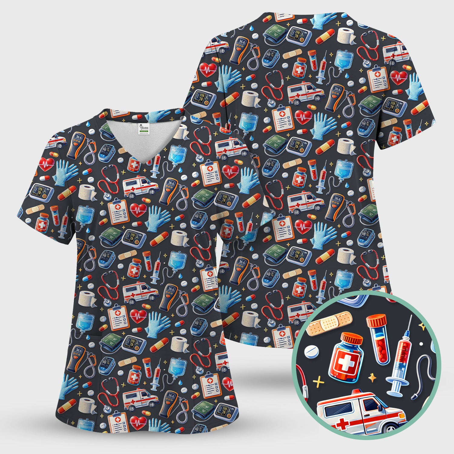 Medical Tools Pattern Ambulance Stethoscope Scrub Top, Comfortable Scrubs for Nurses
