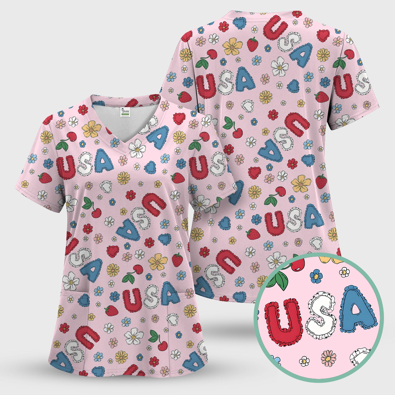 USA Cherry Strawberry Floral Patch Pattern Scrub Set, Scrub Pants and V Neck Top